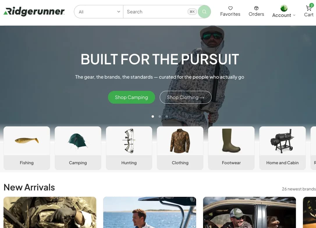 The Ridgerunner marketplace homepage: Built for the pursuit