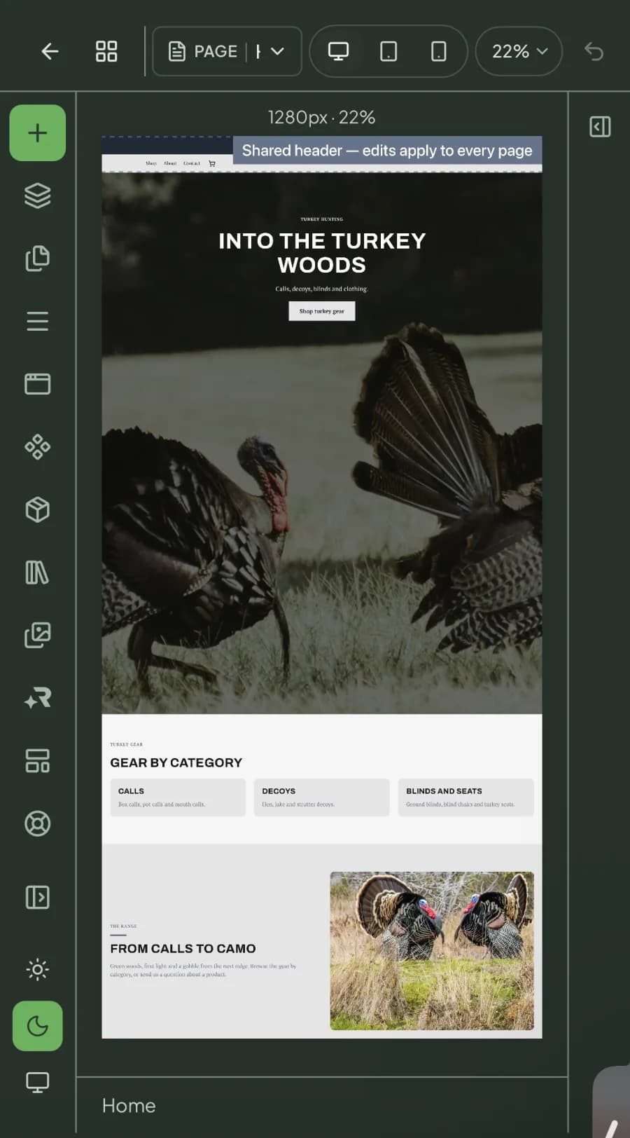 Website Studio editing the Into the Turkey Woods storefront