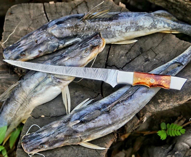 Custom Handmade Damascus Filleting Knife – 13" Camel Bone Handle with Leather Sheath