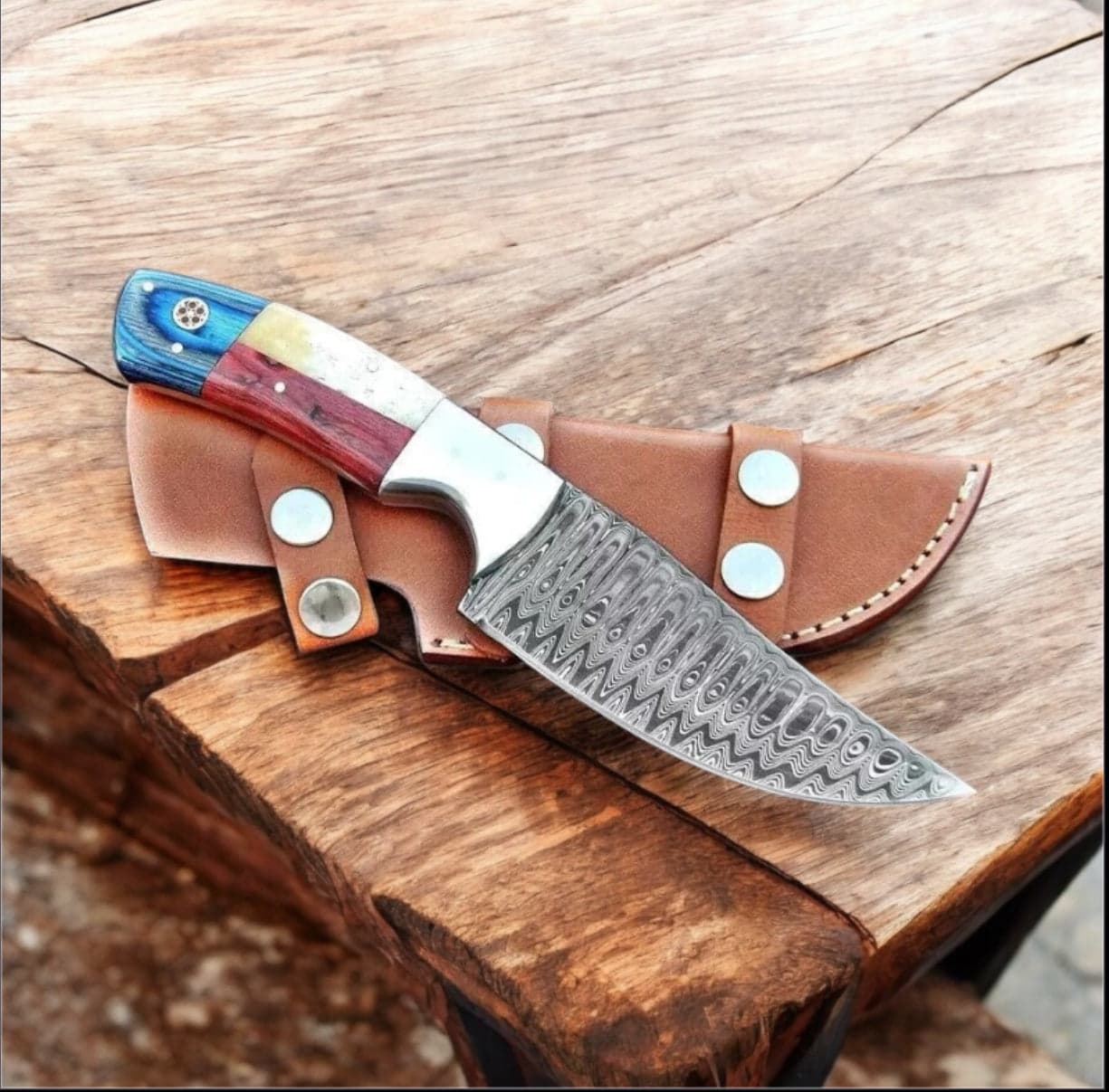 Custom Handmade Texas Flag Damascus Steel Hunting Knife with Exotic Wood-Bone Handle