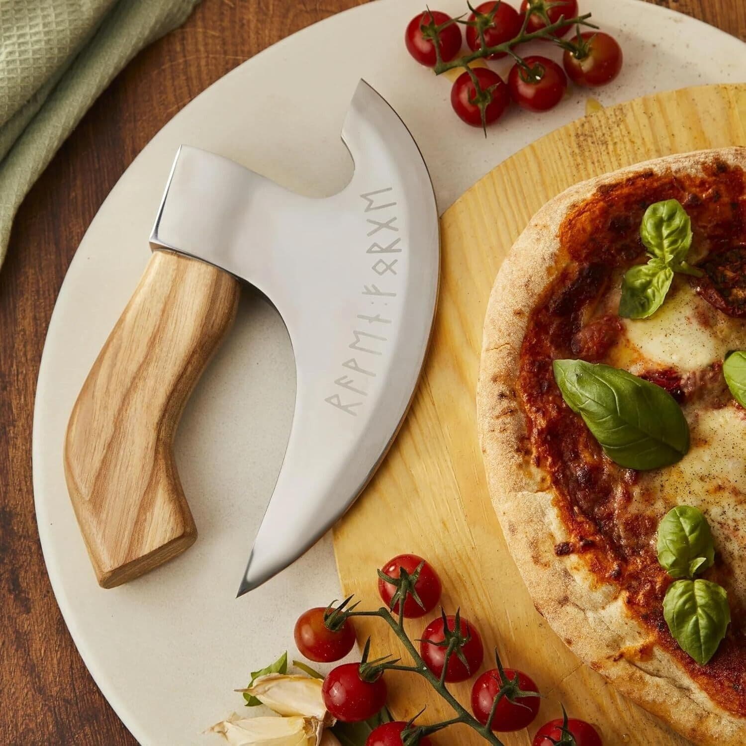 Custom Handmade Ax Pizza Cutter with 8" J2 Steel Blade and Hand-Engraved Ash Wood Handle