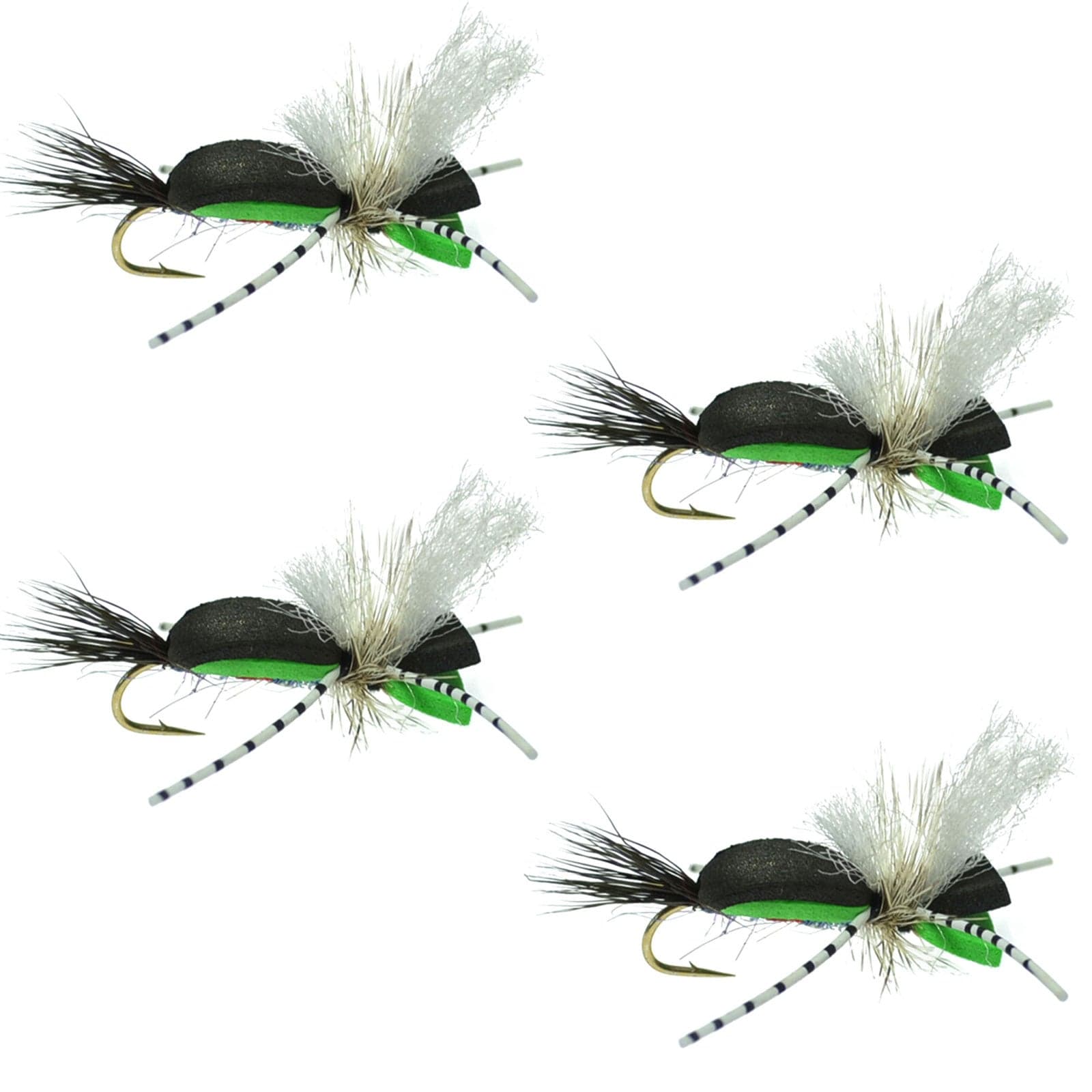 Hippie Stomper Black Green Foam Body Grasshopper Dry Fly - 4 Flies Size 10