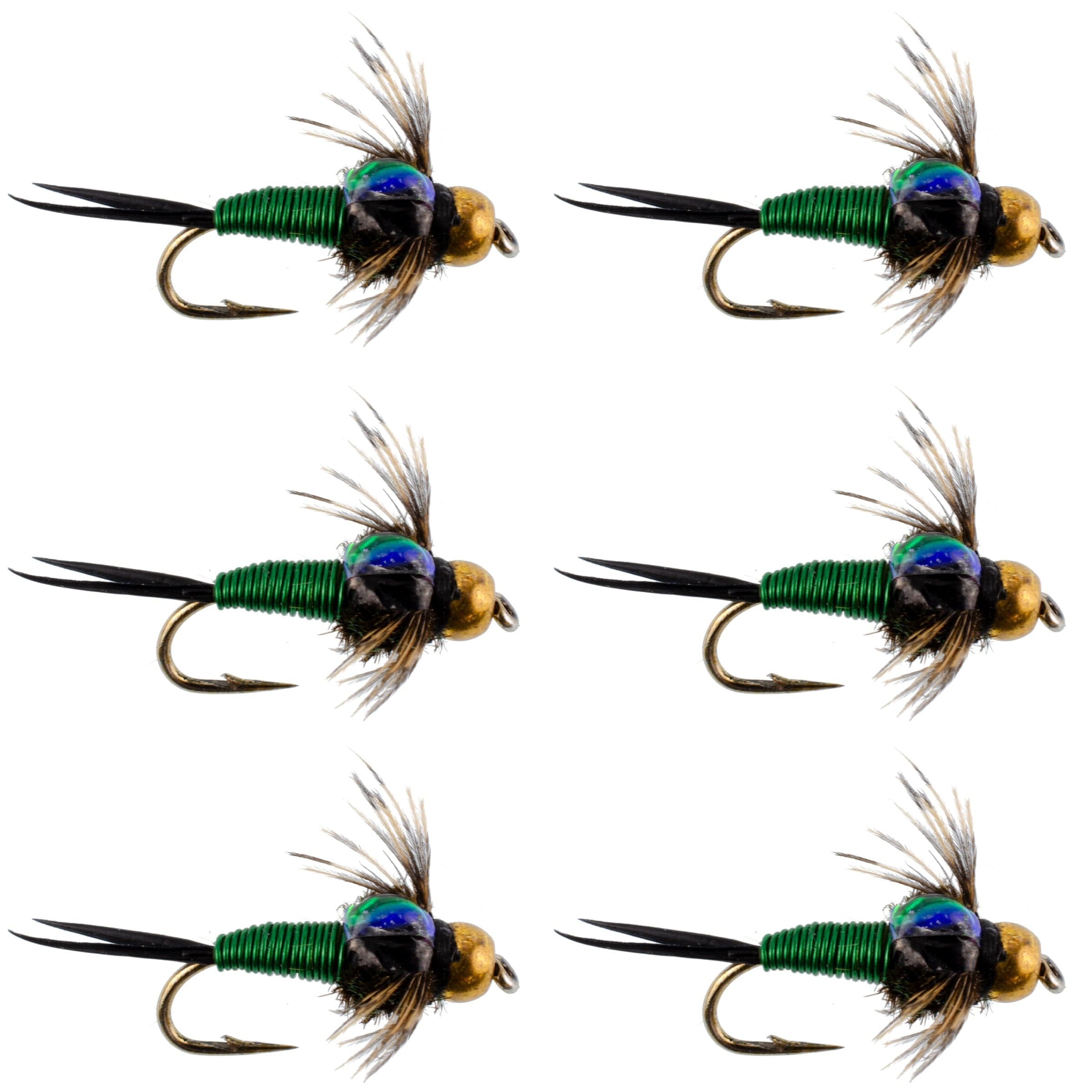 Bead Head Green Copper John Nymph Fly Fishing Flies - Set of 6 Flies Hook Size 14
