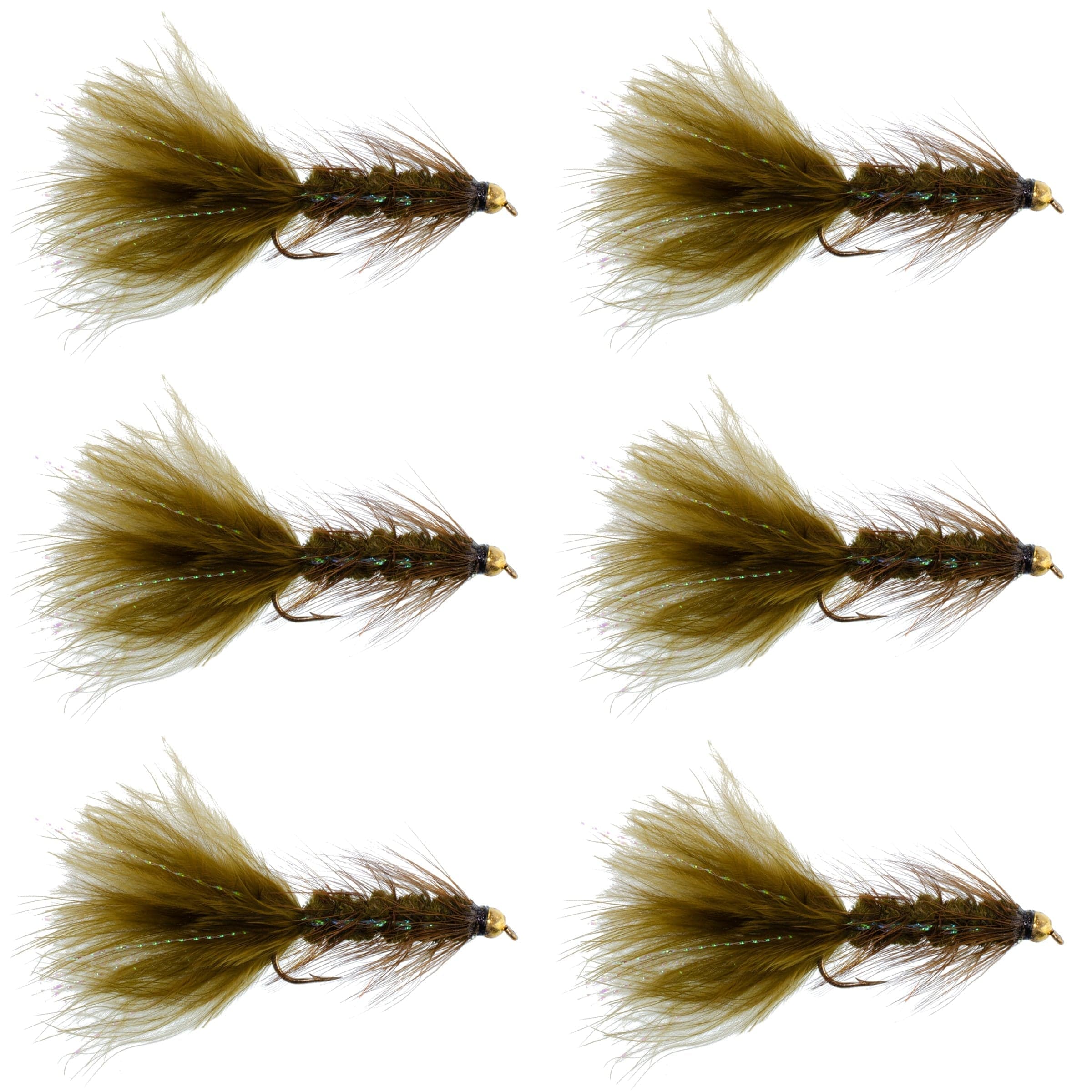 Dark Olive Bead Head Crystal Woolly Bugger Classic Streamer Flies - Set of 6 Trout Fly Fishing Flies - Hook Size 4