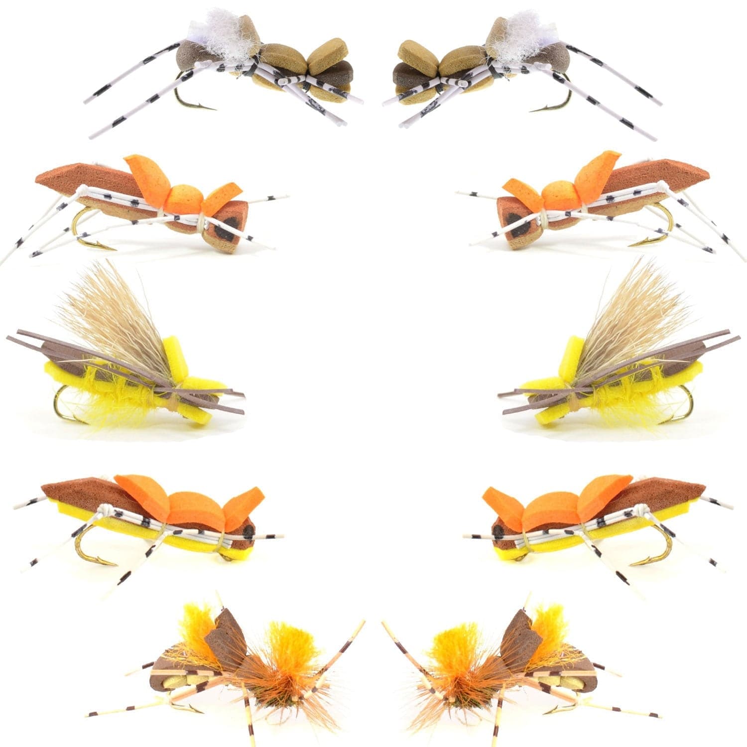 Basics Collection - Foam Hoppers Dry Fly Assortment - 10 Dry Fishing Grasshopper Flies - 5 Patterns - Hook Size 10