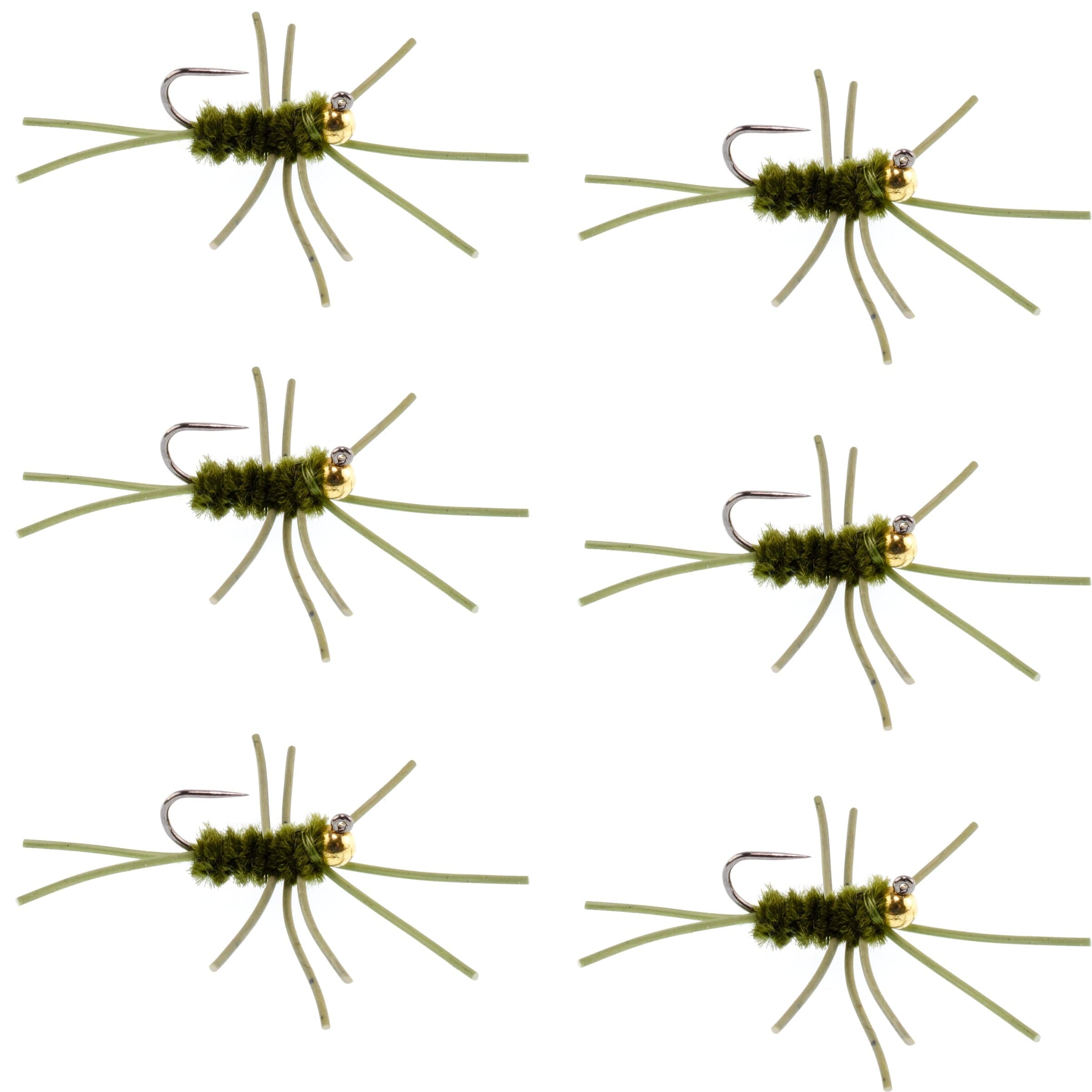 Barbless Pat's Rubber Legs Tungsten Bead Jigged Dark Olive Euro Nymph - Set of 6 Flies Hook Size 10