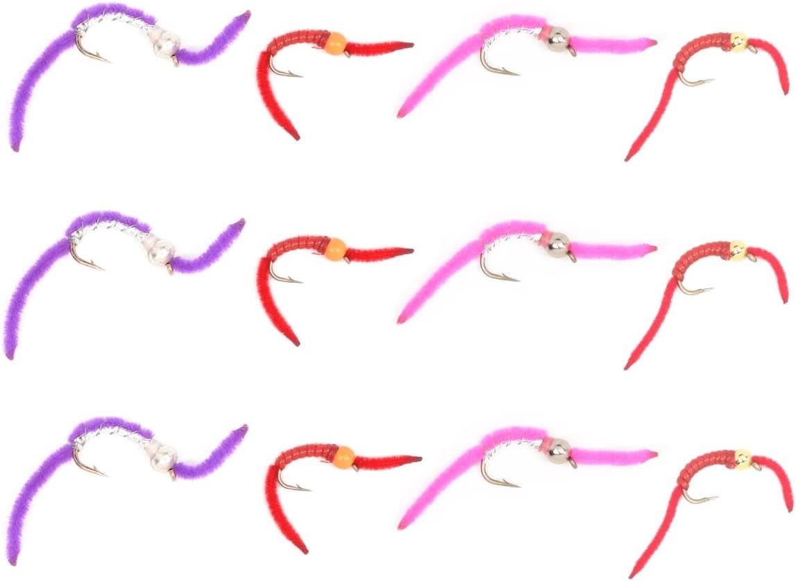 Trout Fly Assortment - San Juan Worm Power Bead Wet Nymph Fly Fishing Flies - 1 Dozen Hook Size 10 - 3 Each of 4 Patterns