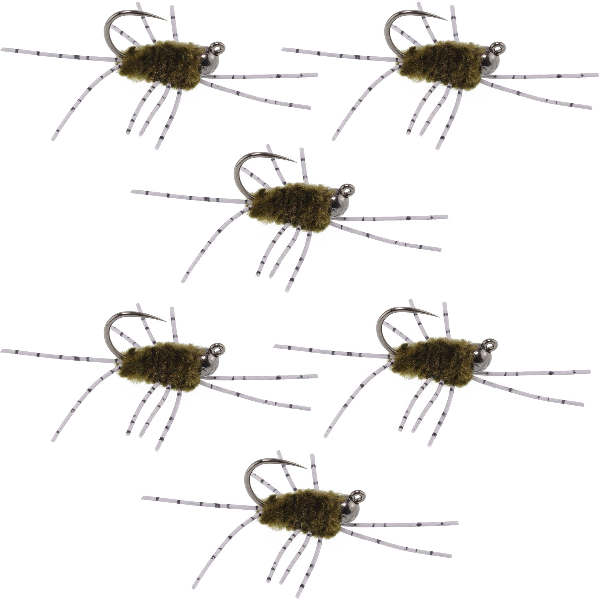 Barbless Pat's Barred Rubber Legs Tungsten Bead Jigged Dark Olive Euro Nymph - Set of 6 Flies Hook Size 6