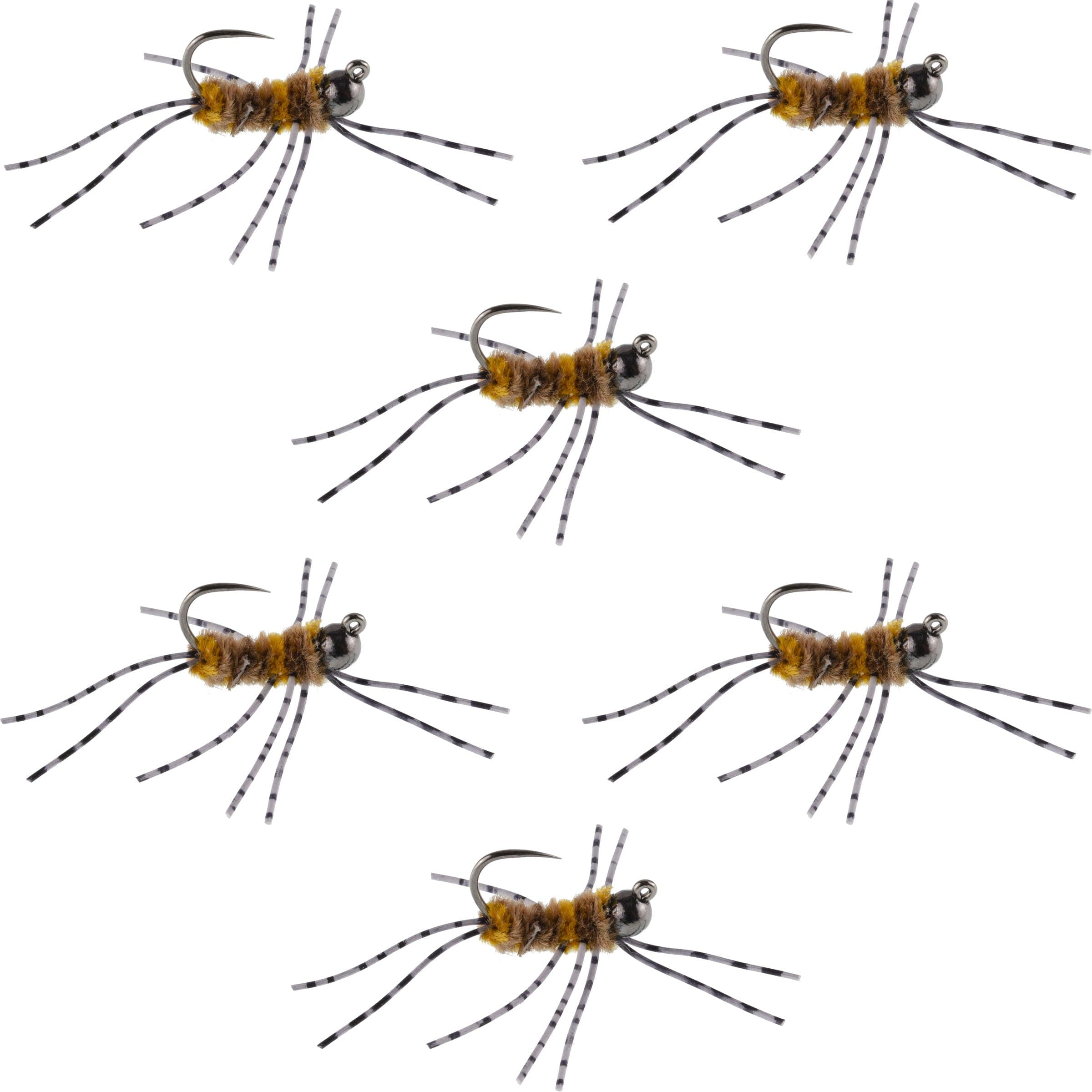 Barbless Pat's Barred Rubber Legs Tungsten Bead Jigged Coffee/Tan Euro Nymph - Set of 6 Flies Hook Size 6
