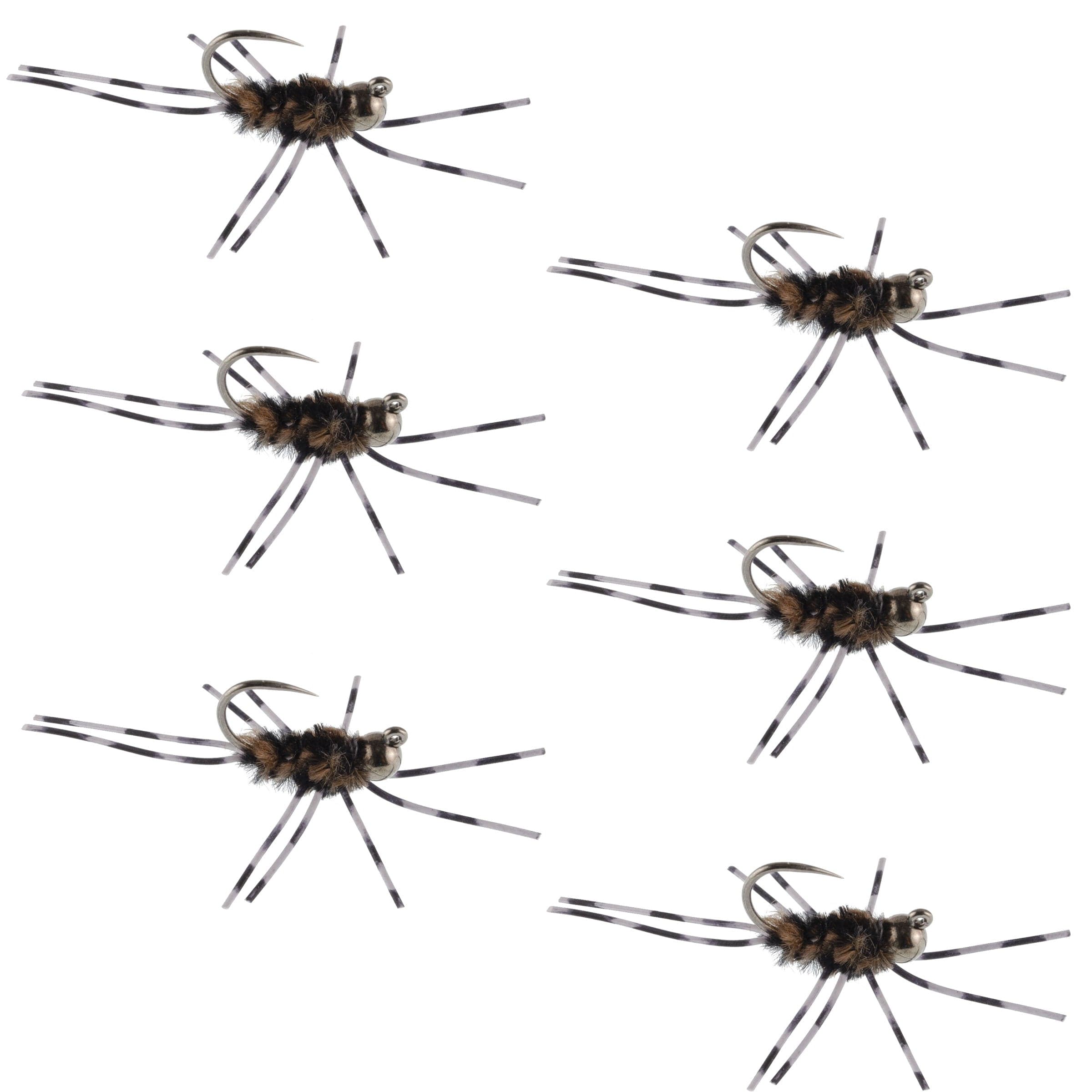 Barbless Pat's Barred Rubber Legs Tungsten Bead Jigged Coffee/Black Euro Nymph - Set of 6 Flies Hook Size 6