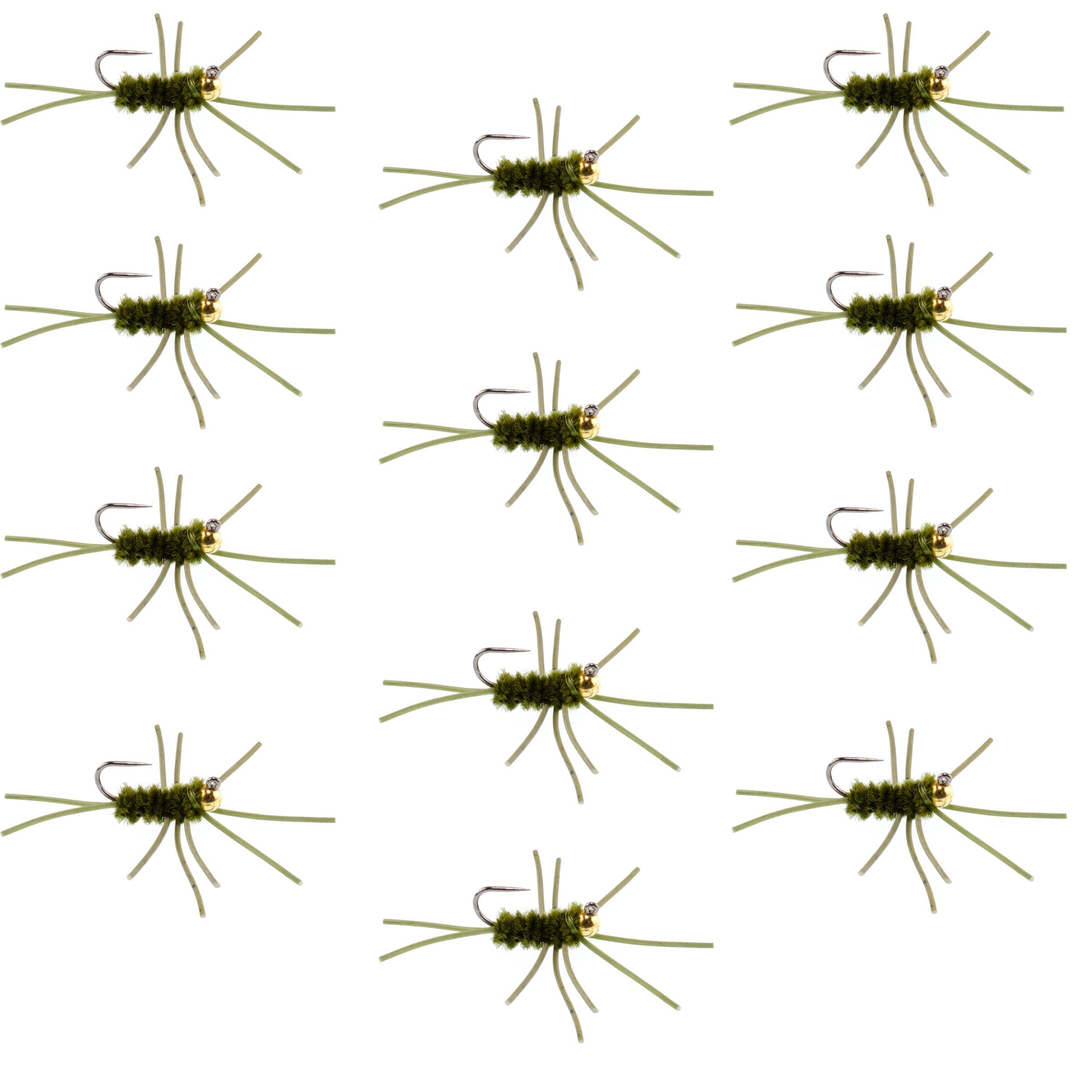 Barbless Pat's Rubber Legs Tungsten Bead Jigged Dark Olive Euro Nymph - Set of 12 Flies Hook Size 10