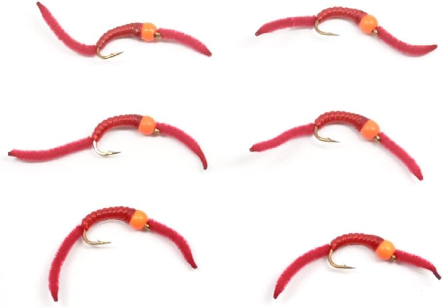 San Juan Worm Hot Orange Bead Power Worm Red V-Rib - Set of 6 Nymph Flies Hook Size 10