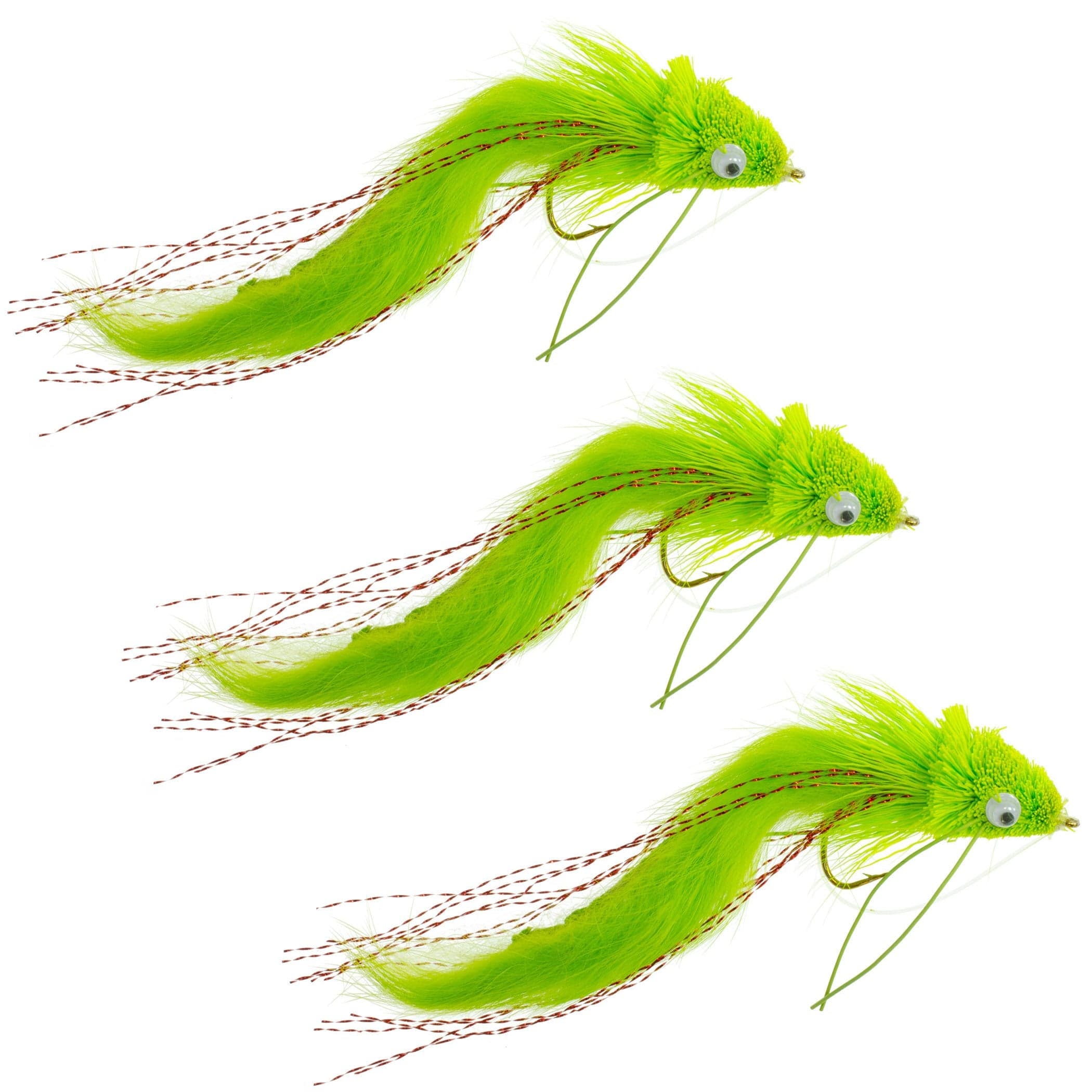 3 Pack Chartreuse Rabbit Strip Deer Hair Diver Size 4 - Bass Fly Fishing Bug Wide Gape Bass Hooks With Weed Guard