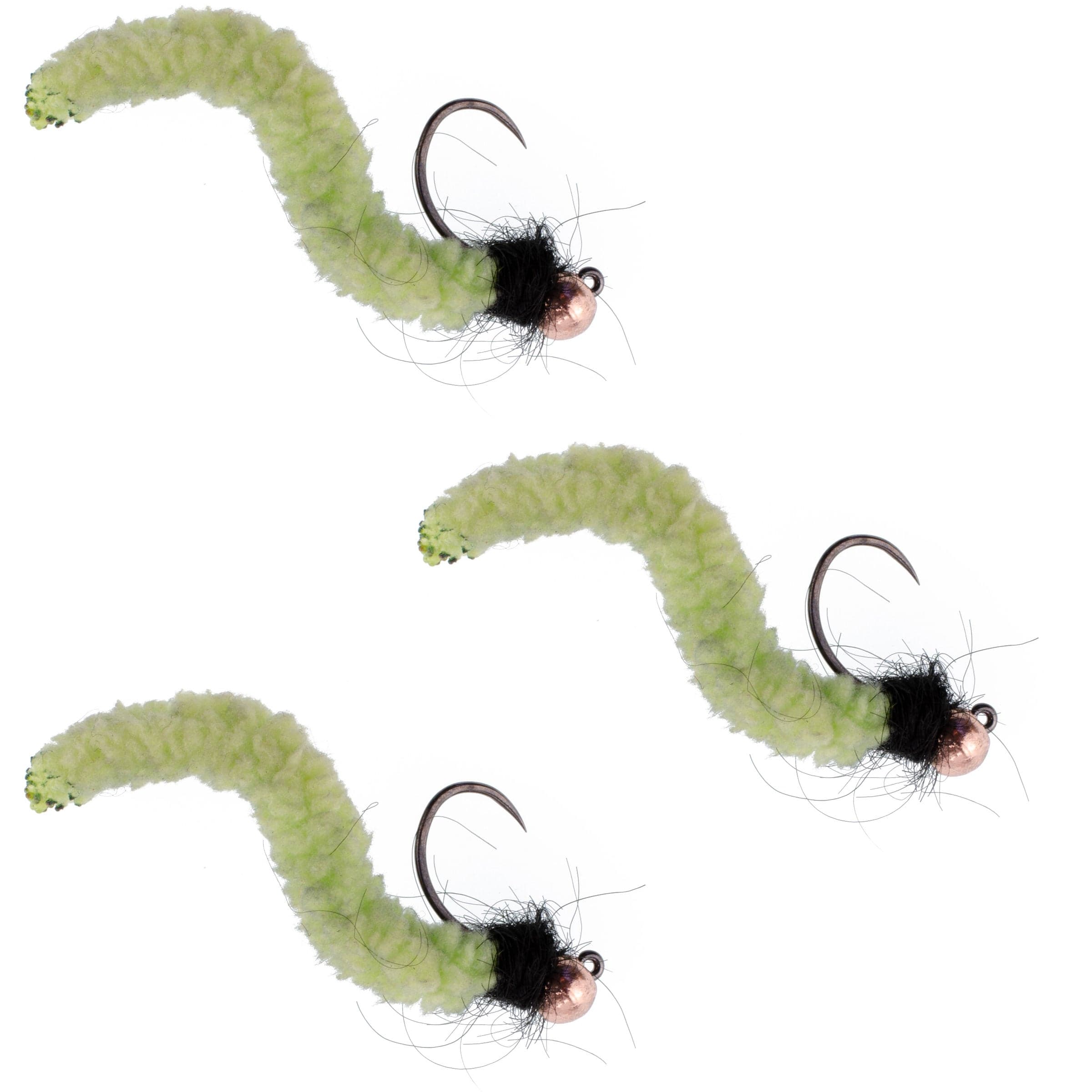 3 Pack Tungsten Bead Chartreuse Wormy Mop Fly Tactical Jig Czech Euro Nymph Barbless - Size 14