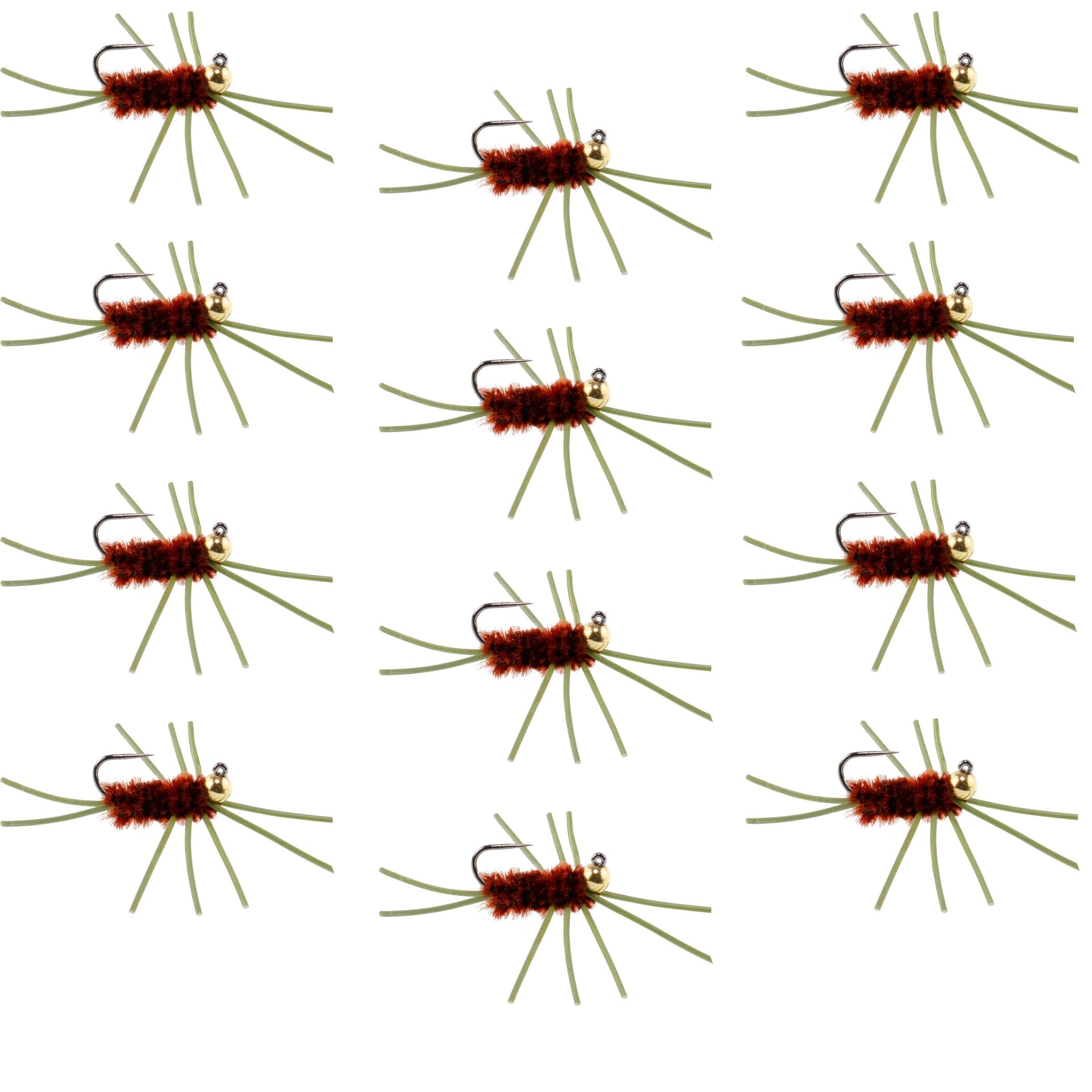 Barbless Pat's Rubber Legs Tungsten Bead Jigged Brown Euro Nymph  - Set of 12 Flies Hook Size 10