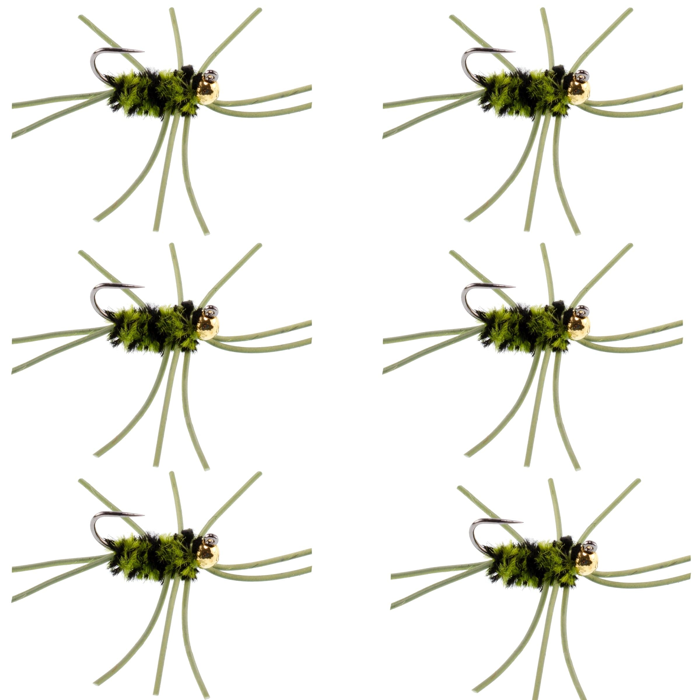 Barbless Pat's Rubber Legs Tungsten Bead Jigged Olive/Black Euro Nymph - Set of 6 Flies Hook Size 10