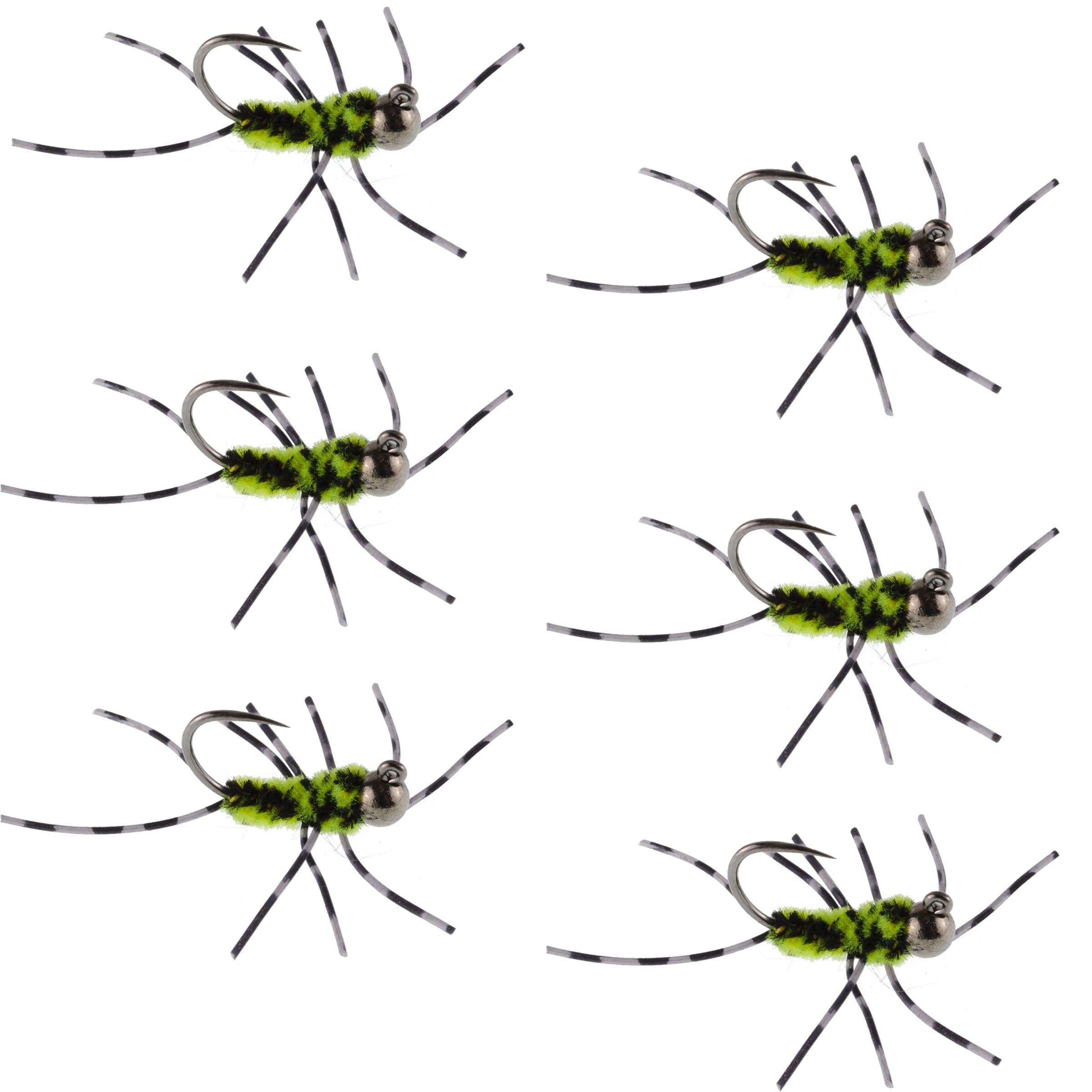Barbless Pat's Barred Rubber Legs Tungsten Bead Jigged Black/Chartreuse Euro Nymph - Set of 6 Flies Hook Size 6