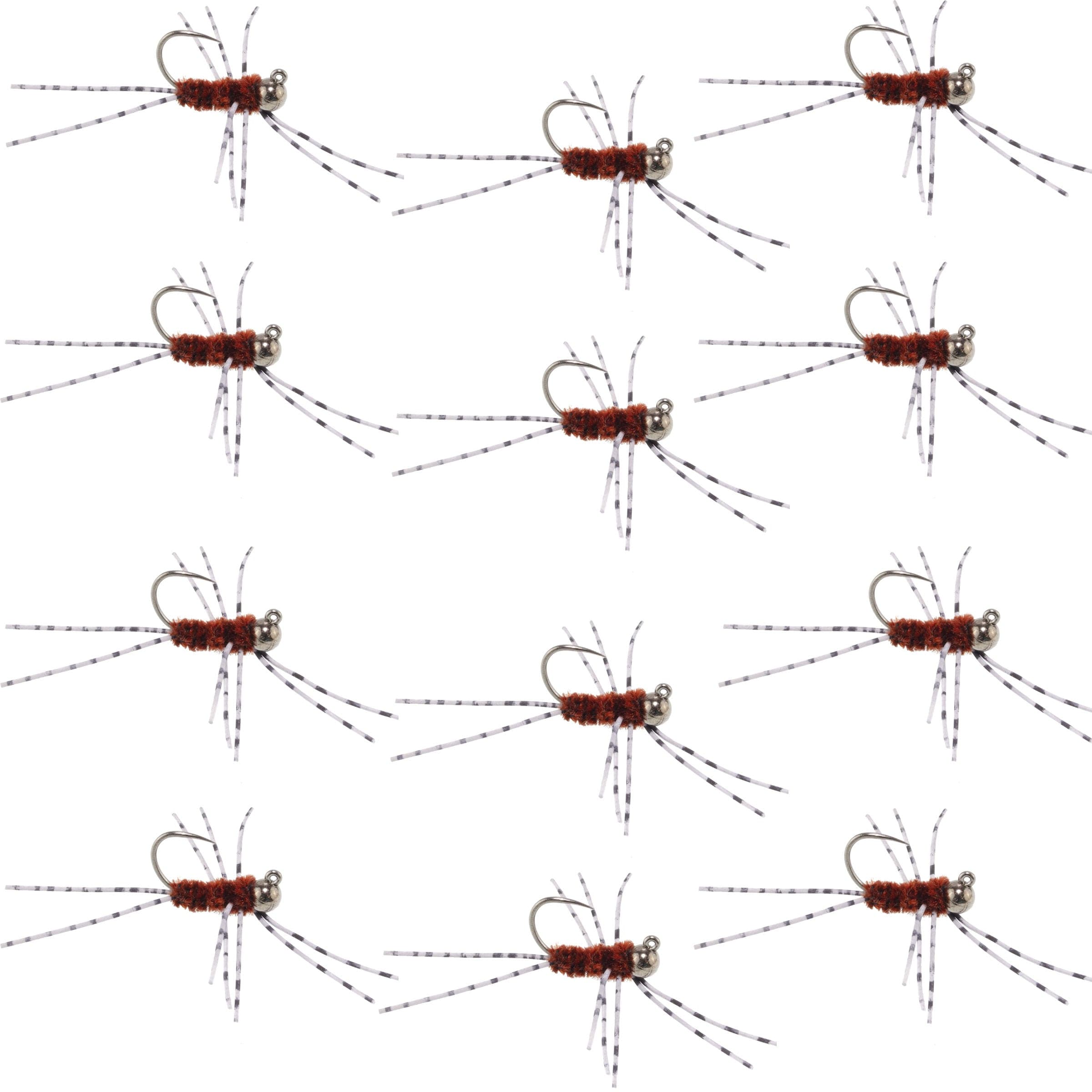 Barbless Pat's Barred Rubber Legs Tungsten Bead Jigged Brown Euro Nymph - Set of 12 Flies Hook Size 6