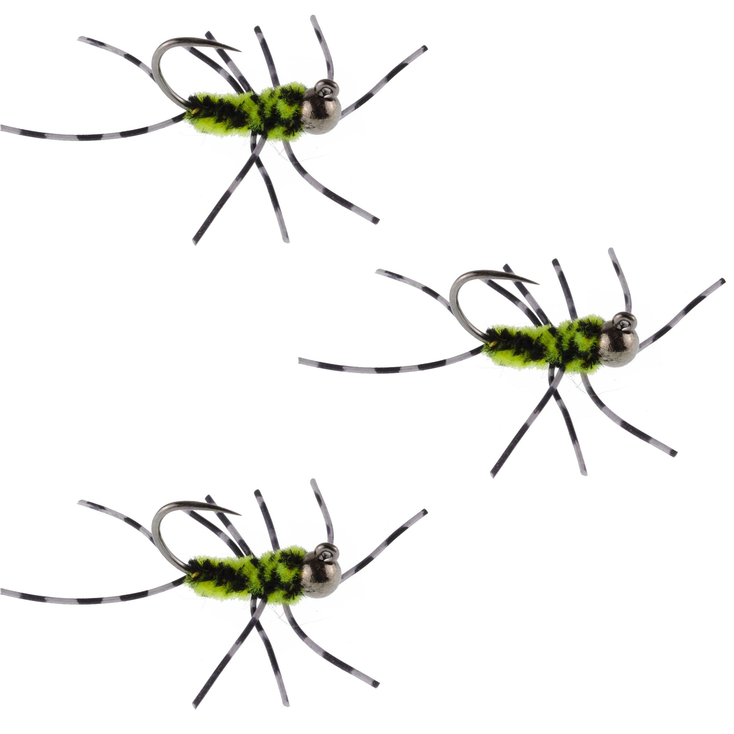3 Pack Barbless Pat's Barred Rubber Legs Tungsten Bead Jigged Black/Chartreuse Euro Nymph  - Hook Size 6