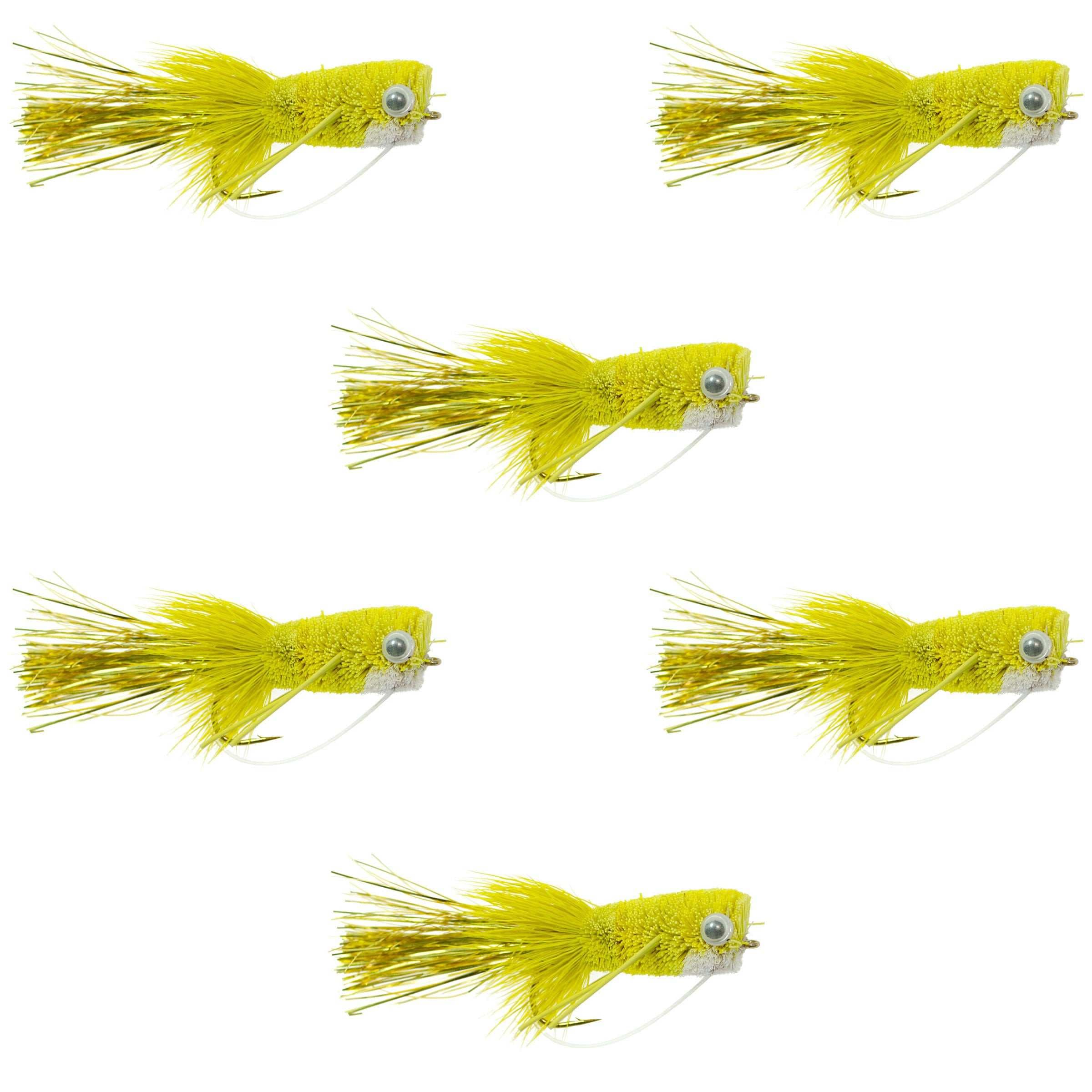 Flashtail Bass Popper 6 Flies Size 8 - Yellow Bass Fly Fishing Bug Wide Gape Bass Hooks With Weed Guard