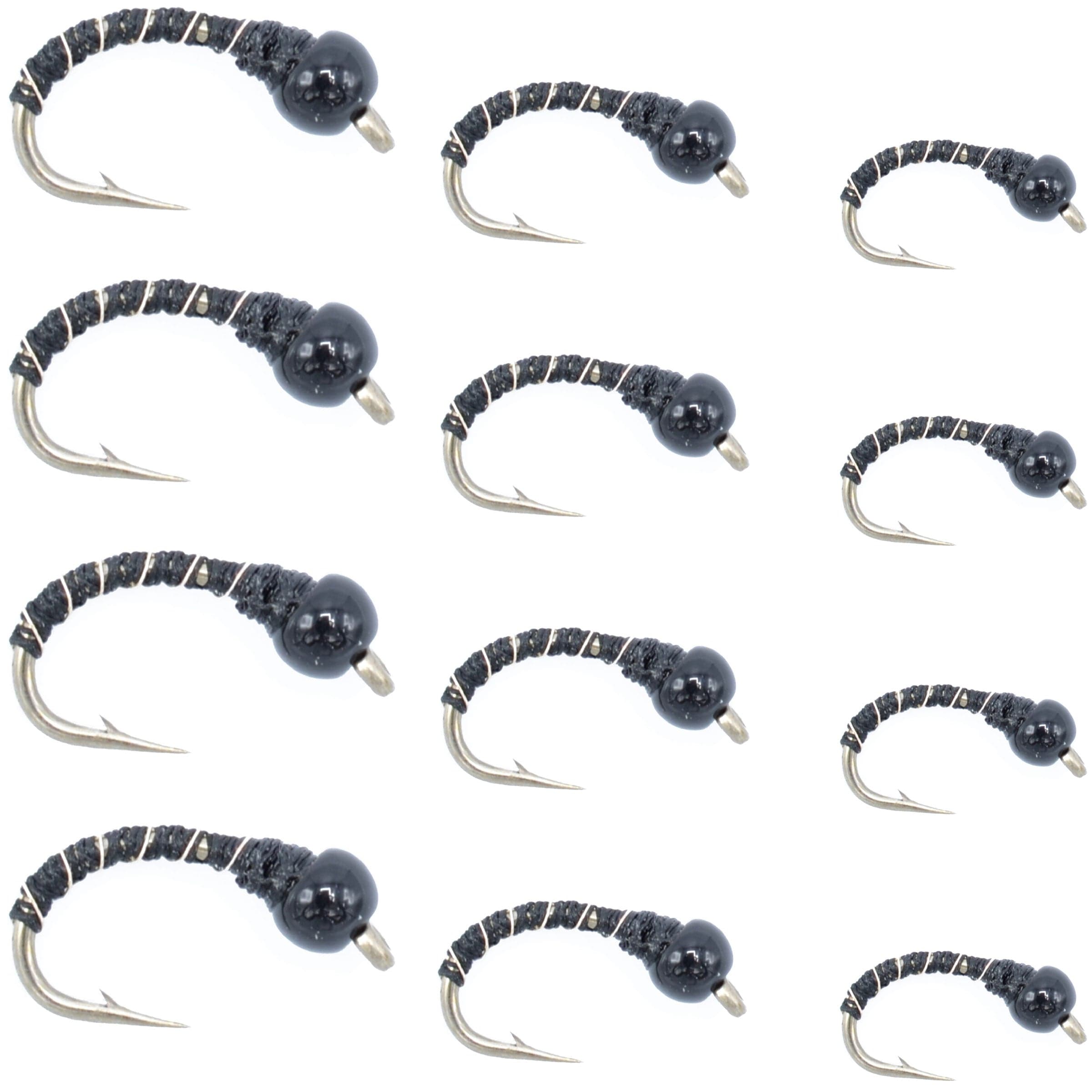 Black Zebra Midge Assortment - Black Bead Head - 1 Dozen - 4 Each of 3 Sizes 14, 16, 18 - Tailwater and Lake Fly Fishing Flies Assortment