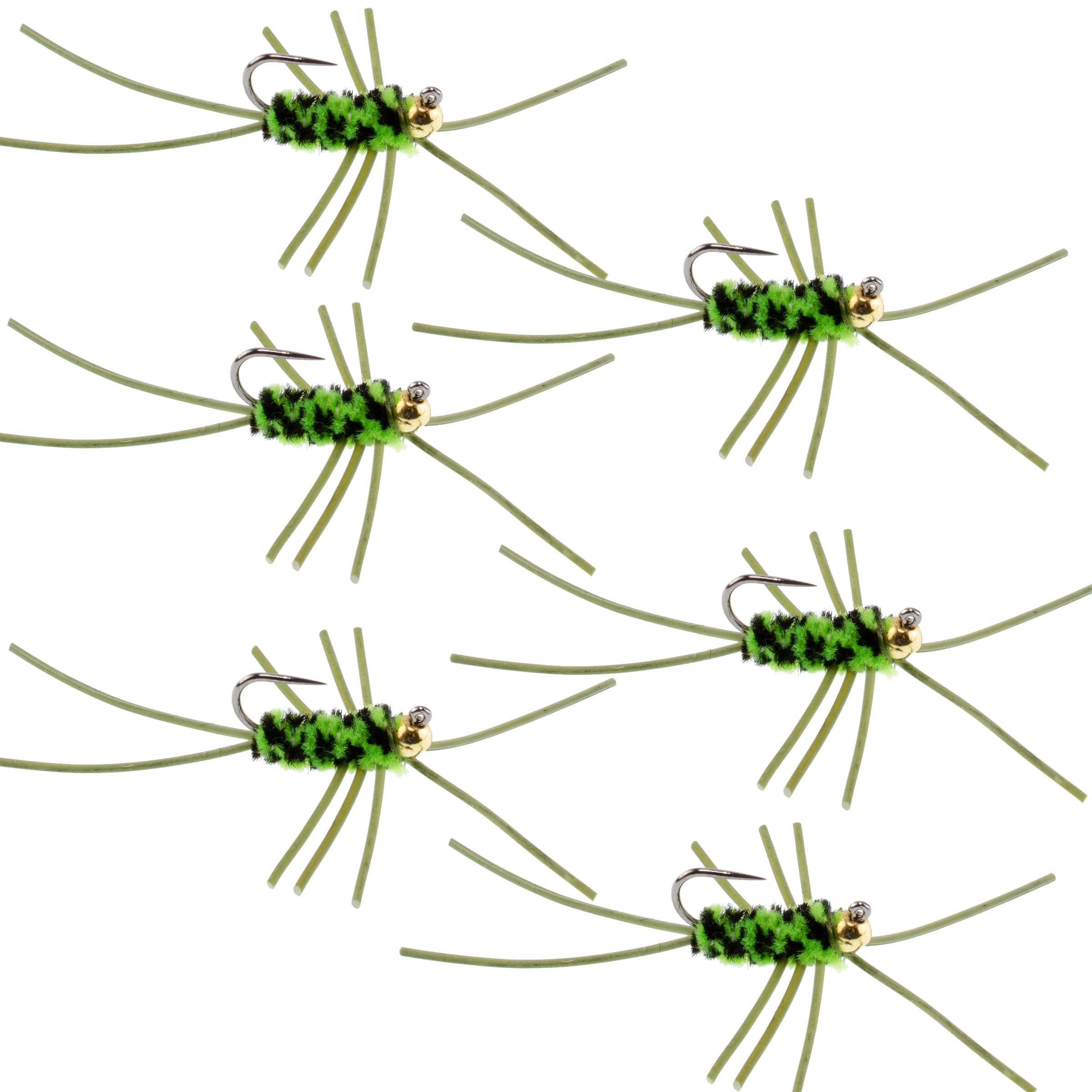 Barbless Pat's Rubber Legs Tungsten Bead Jigged Black/Chartreuse Euro Nymph - Set of 6 Flies Hook Size 10