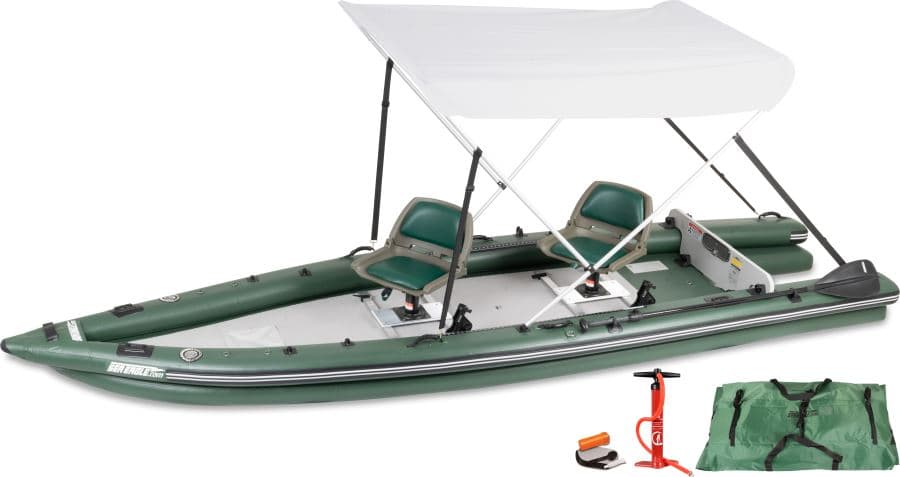 FSK16 FishSkiff™ Inflatable Fishing Boat 2 Person Swivel Seat Canopy Package