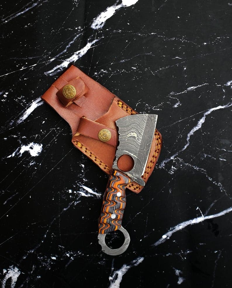 EDC Mini Cleaver/ Handmade Damascus Steel/ Bushcraft knife/ Tactical handle with finger hole