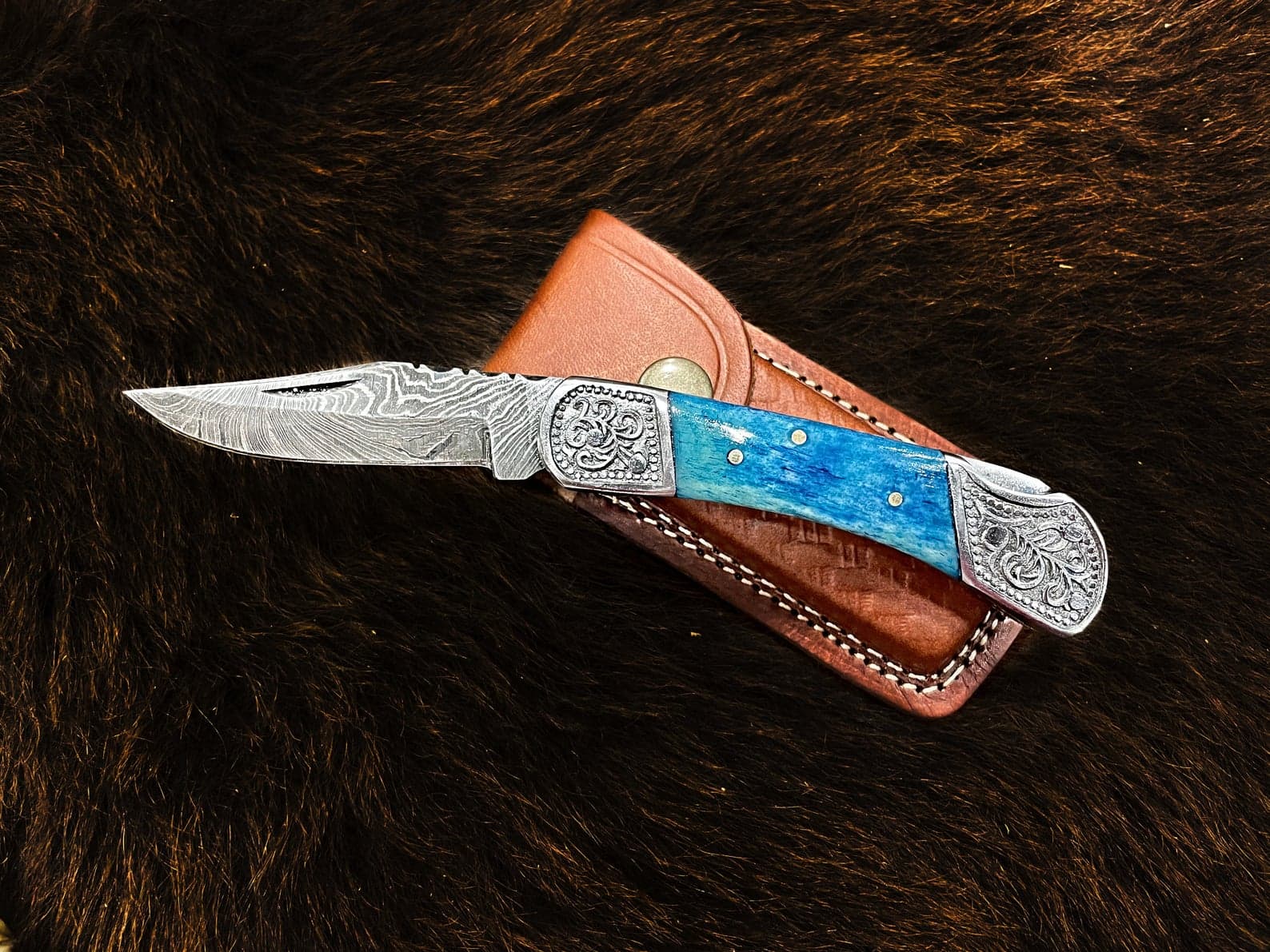 Pocket Knife Dyed Blue Bone 6.5'' Damascus Steel Knife Steel Bolster Back Lock Folding Knife TF-010B