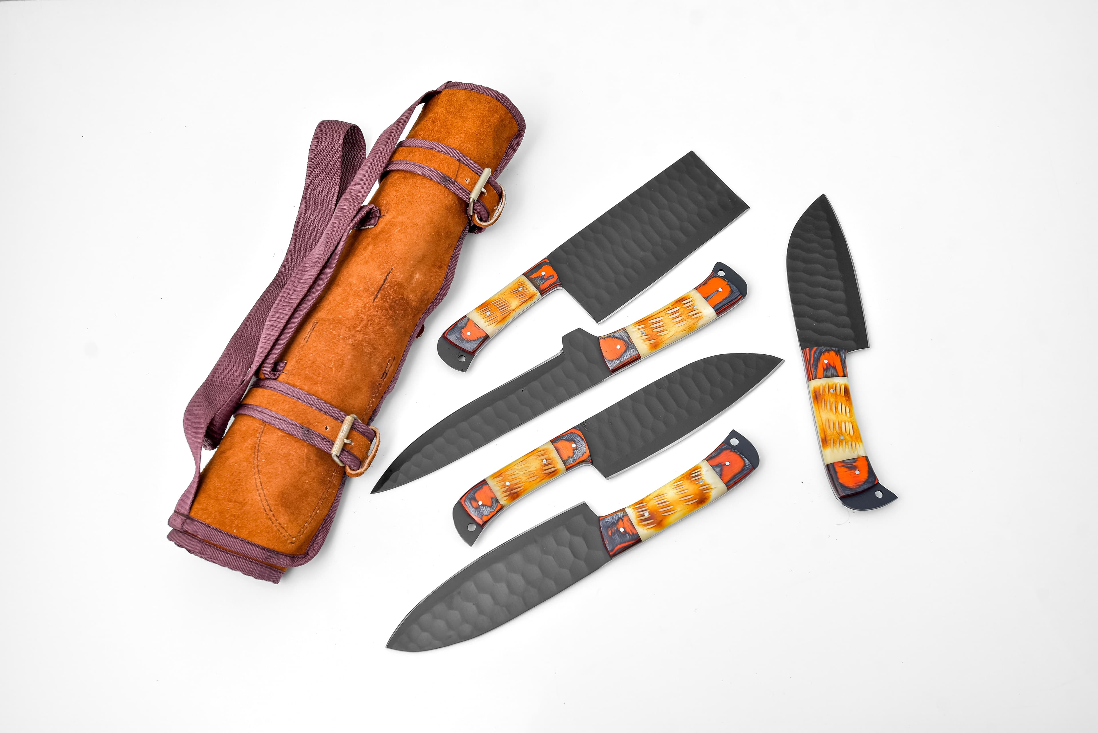 5-Piece Knife Set / With Leather carry Bag Burnt Bone - TK-089 X
