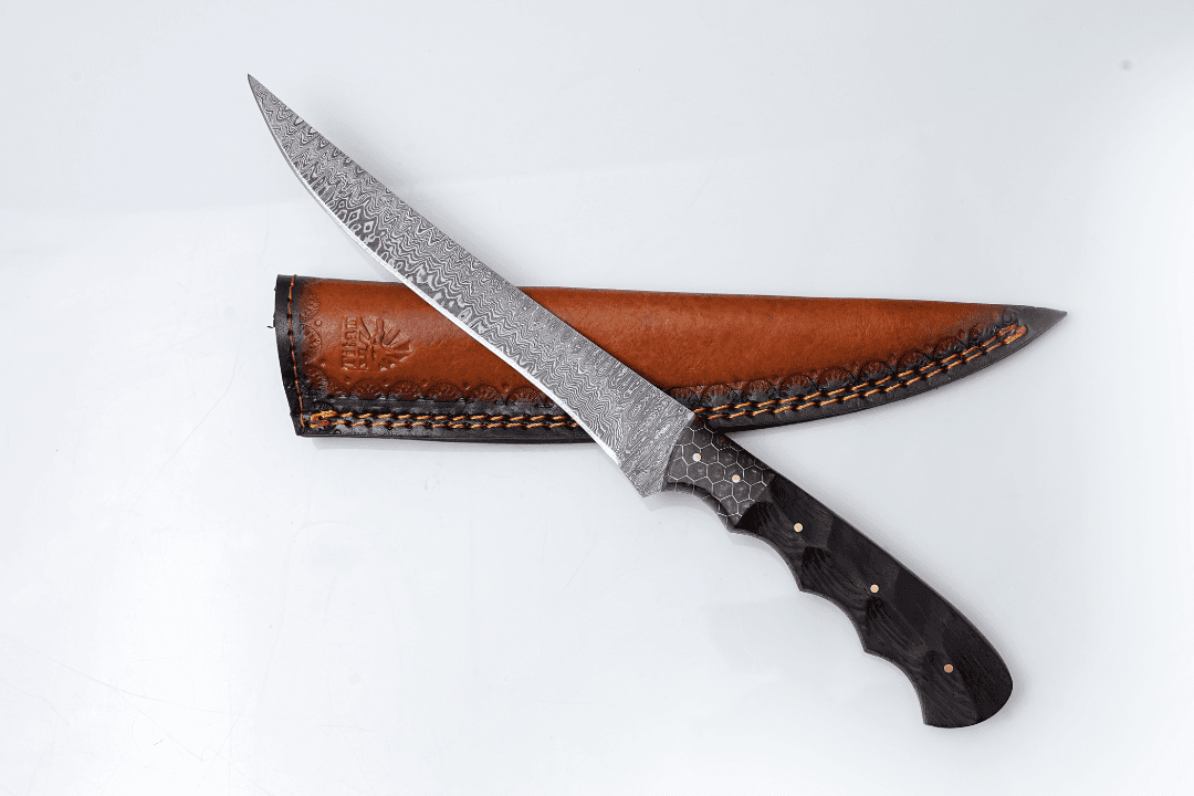 Titan International Knives Damascus Steel Fillet Knife — Blade with Honeycomb & Dark Wood Hybrid Handle — Fishing & Boning Tool TK-446