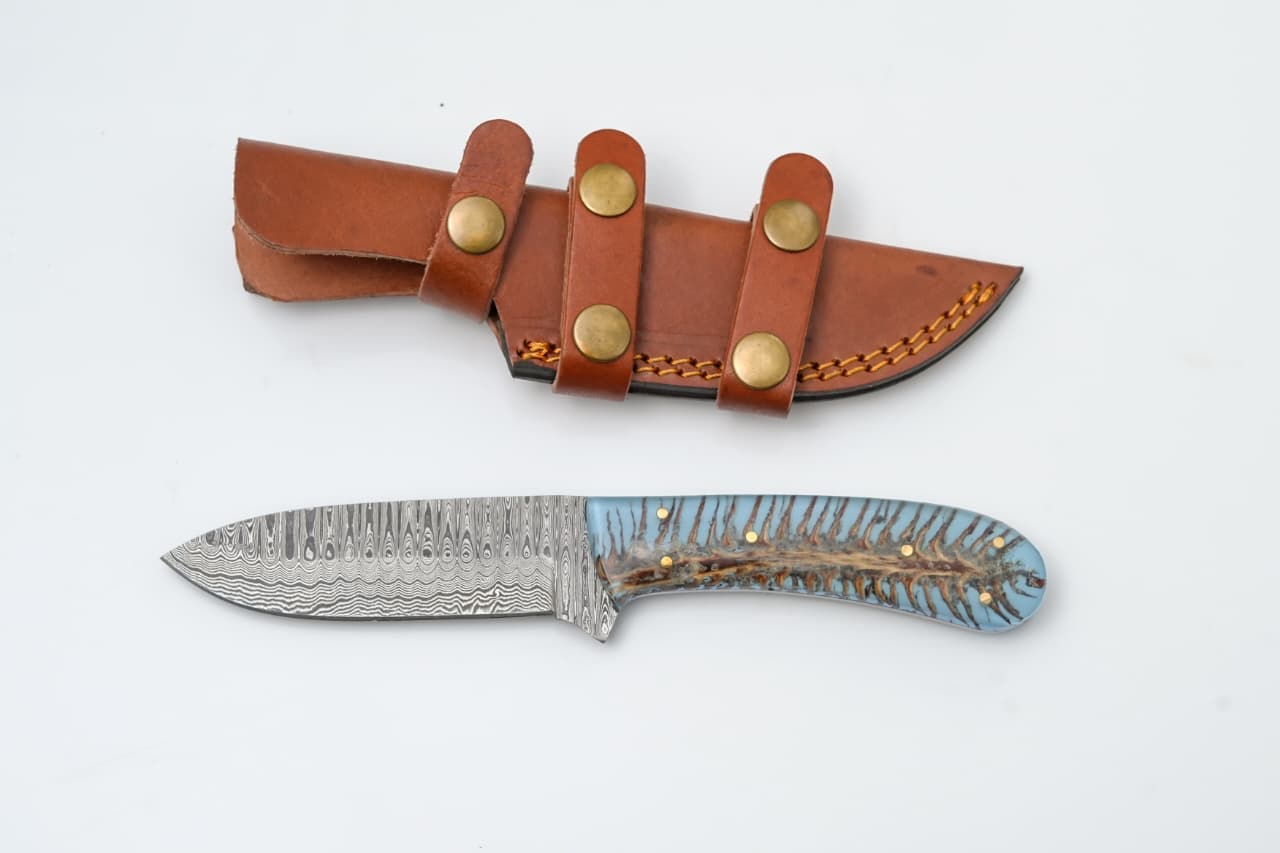 Custom Damascus Steel Knife with Blue Resin & Bone Handle - TK-425
