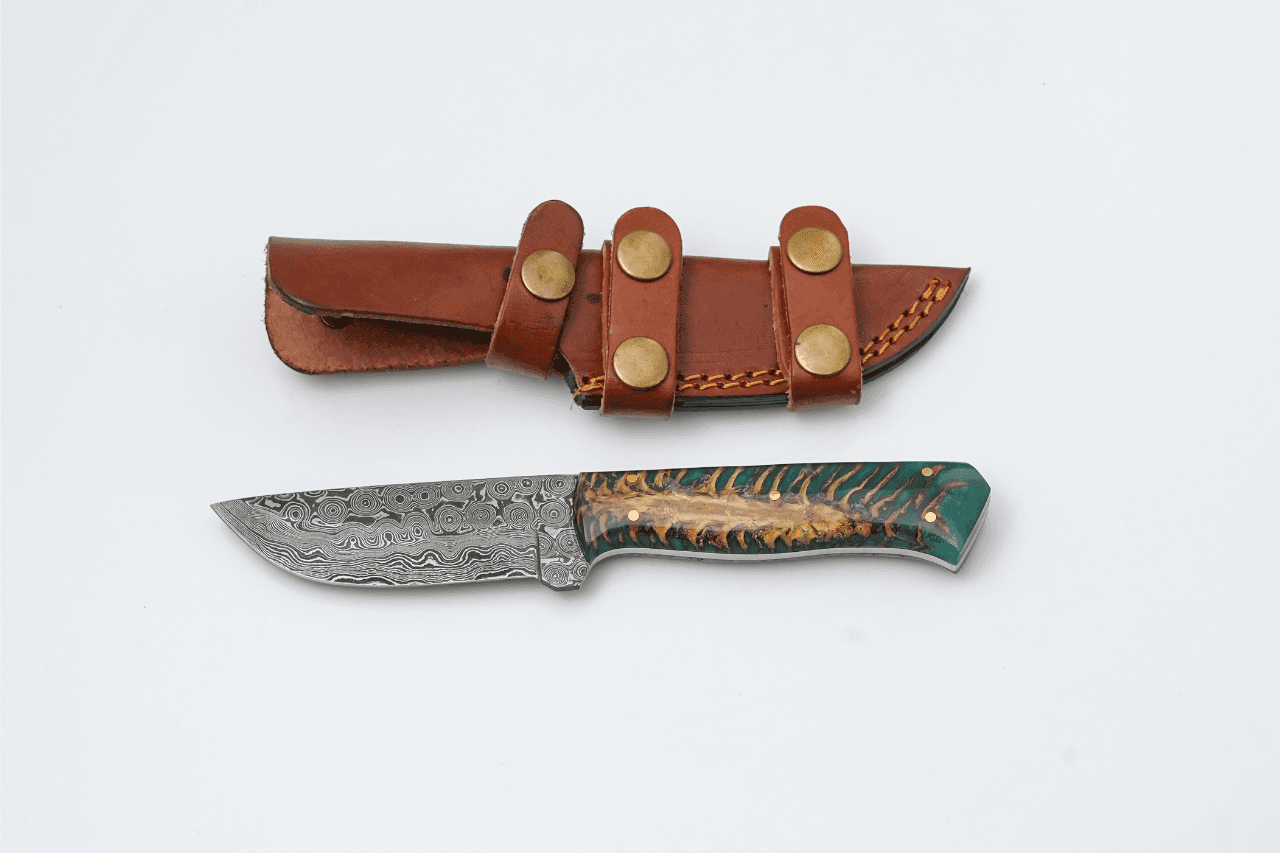 Damascus Steel "Titan Gecko" Fixed Blade Knife with Forest Green Pine Cone Scales Resin Handle - TK-444