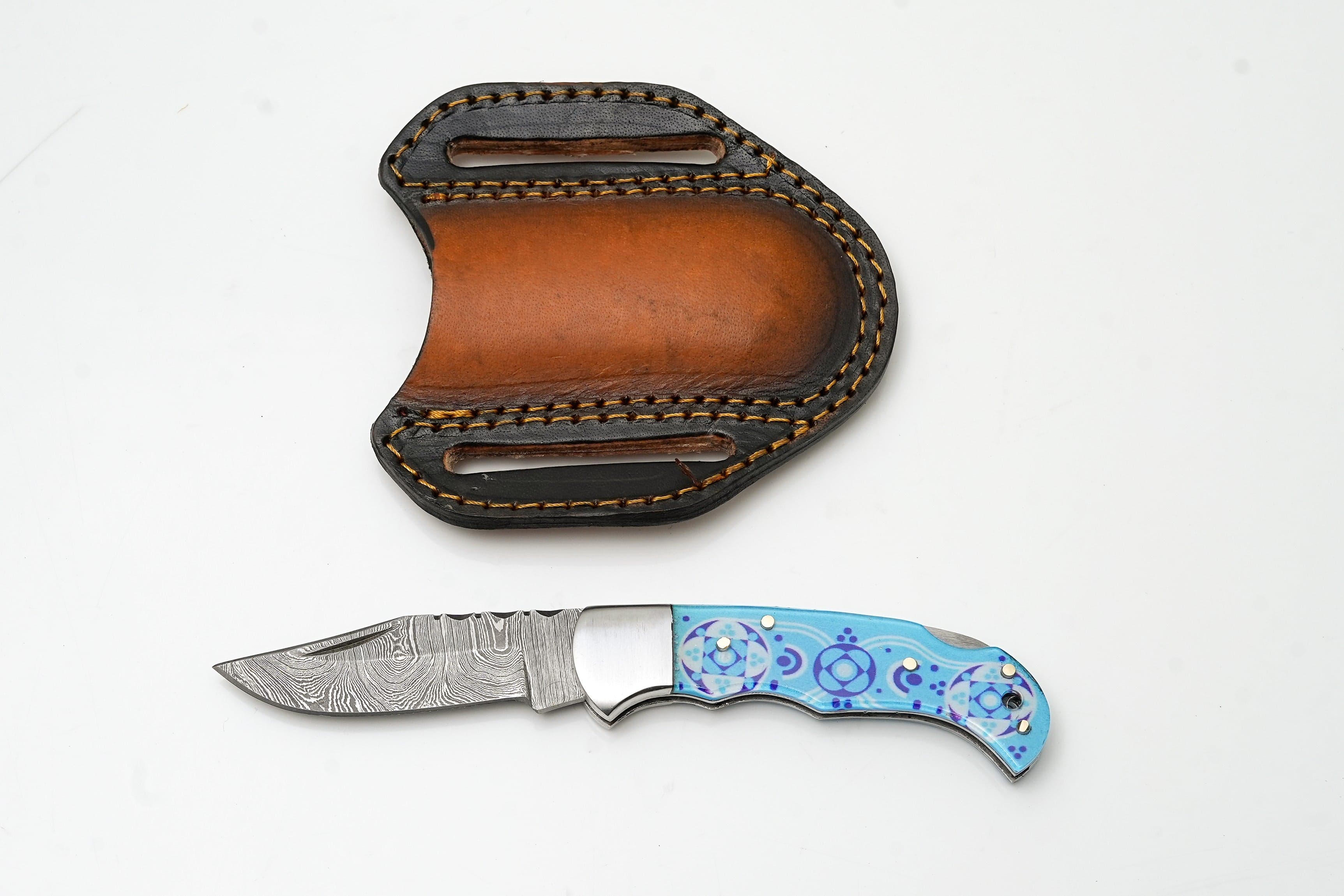 Hand-Forged Damascus Folding Knife | Custom "Blue Mosaic" Art Handle | Horizontal Pancake Sheath TK-479