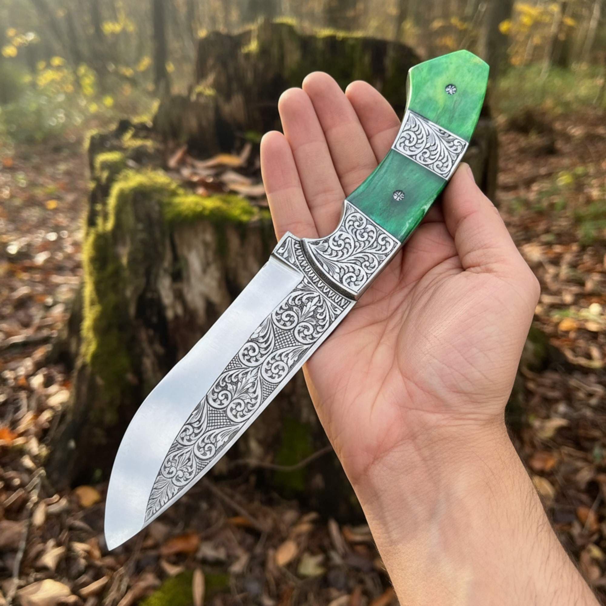 Hand Engraved D2 Hunting Knife | Camel Bone Handle