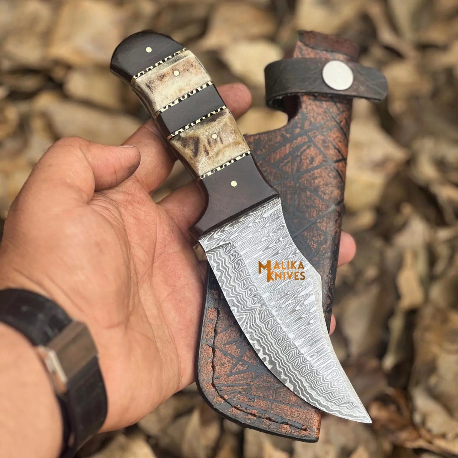 SS Damascus Stag Skinner Knife with Custom Leather Sheath-0047