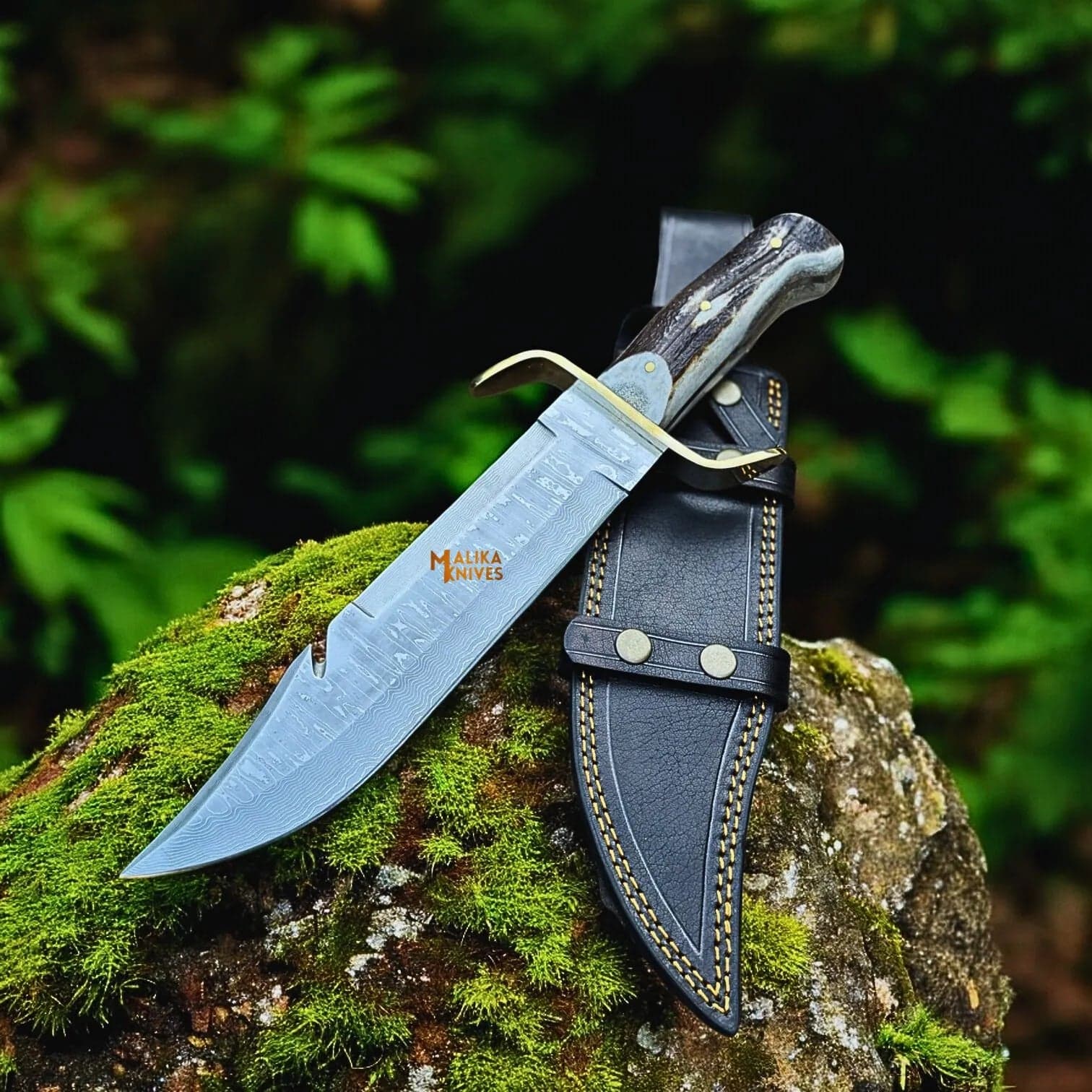 SS Damascus Gut Hook Bowie Knife Stag Antler Handle Sheath
