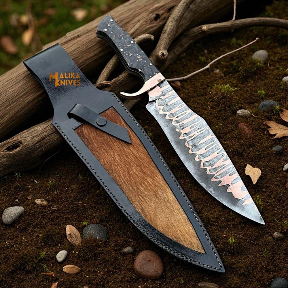 Copper Damascus Bowie Knife | Carbon Fiber Handle