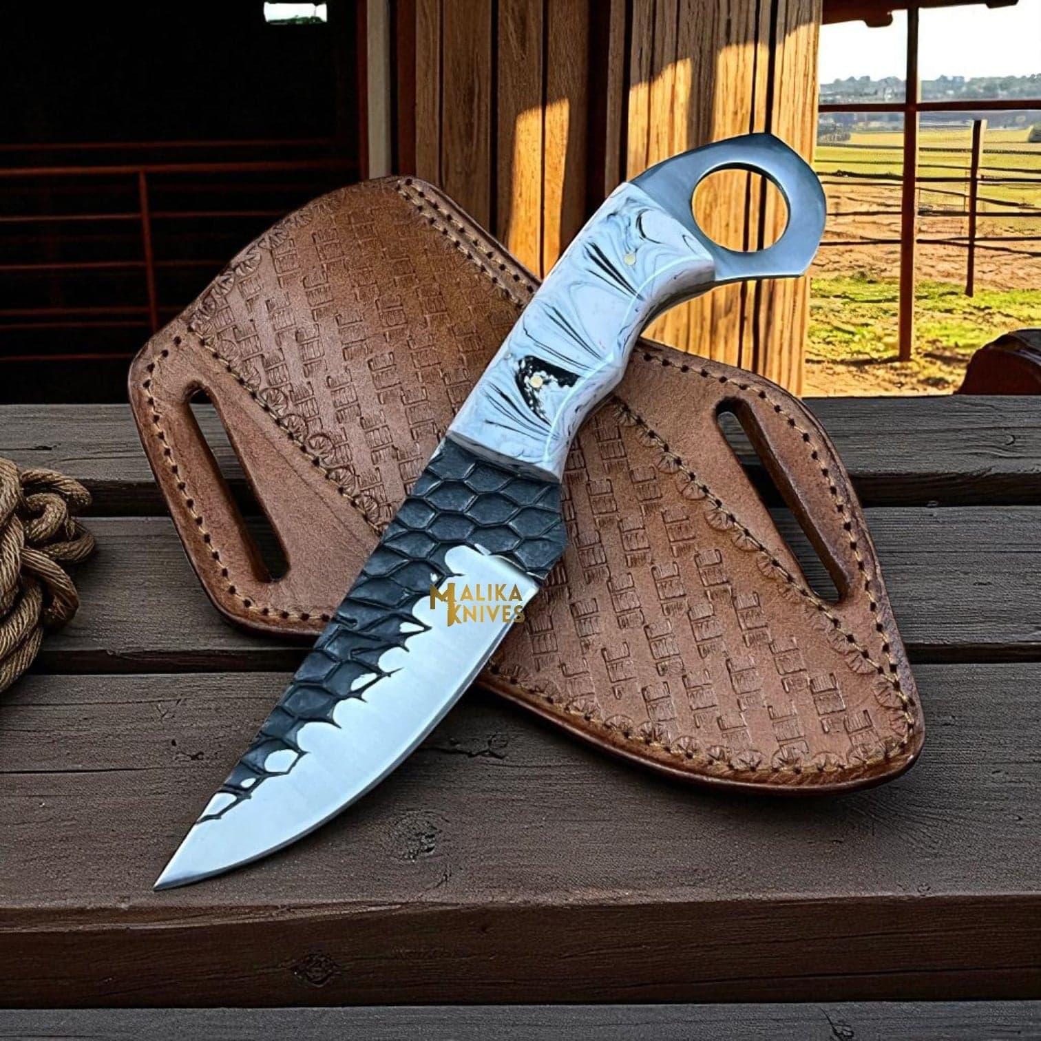 Handmade Cowboy Knife | Forged D2 Steel Blade with Resin Handle & Pancake Sheath – Ranch & Western Style