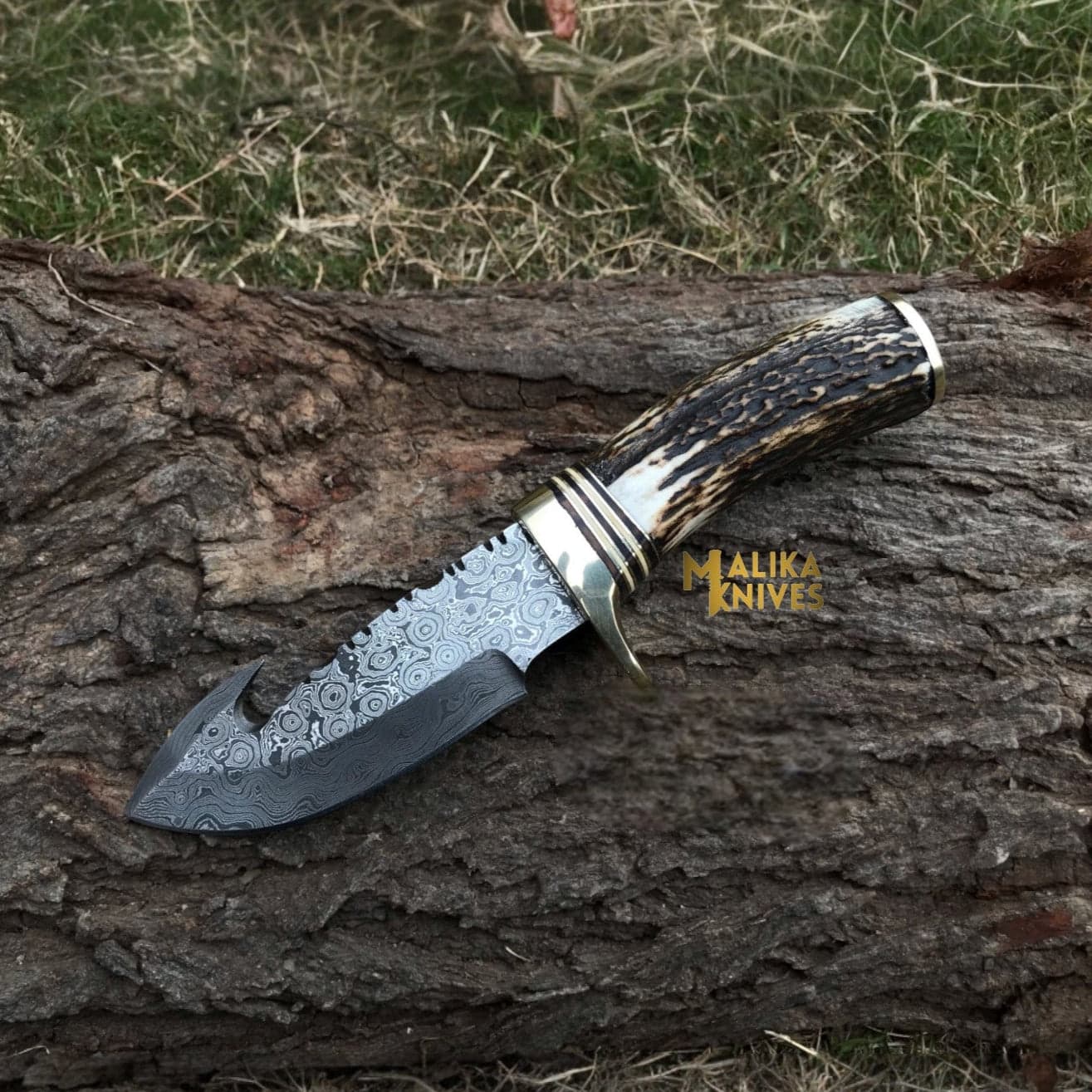 Damascus Gut Hook Skinning Knife – Stag Horn Handle