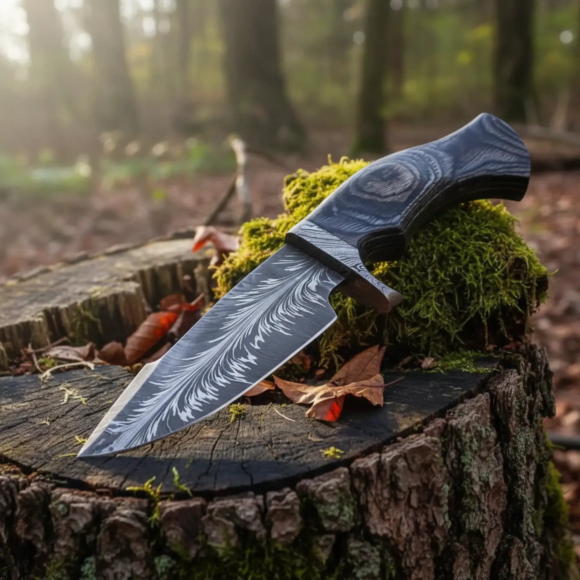 Feather Damascus Hunting Knife Pakka Wood Handle