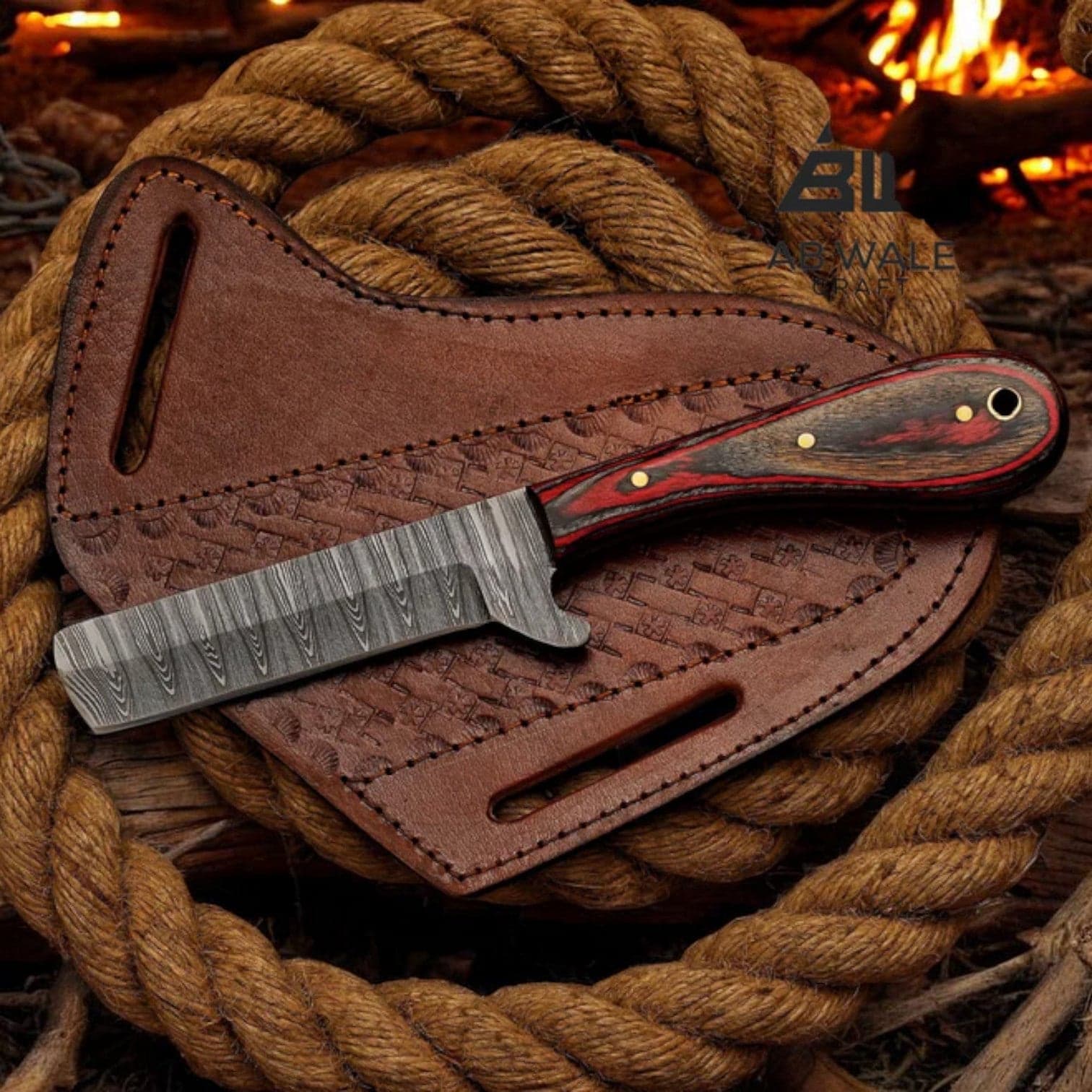 Damascus Cowboy Bull Cutter Knife | Red Pakka Wood | Pancake Sheath