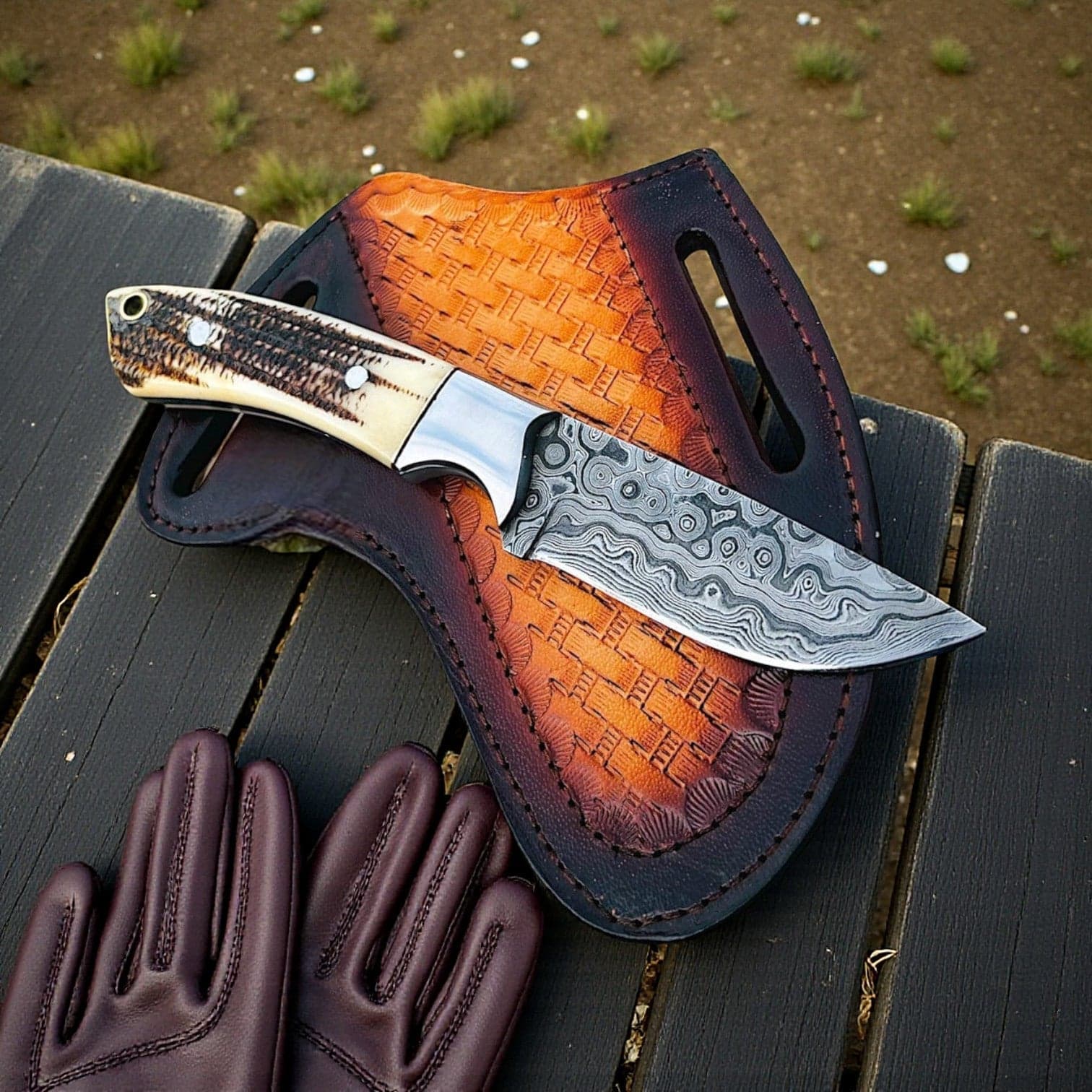 Damascus Cowboy Knife | Antler Handle | Pancake Leather Sheath