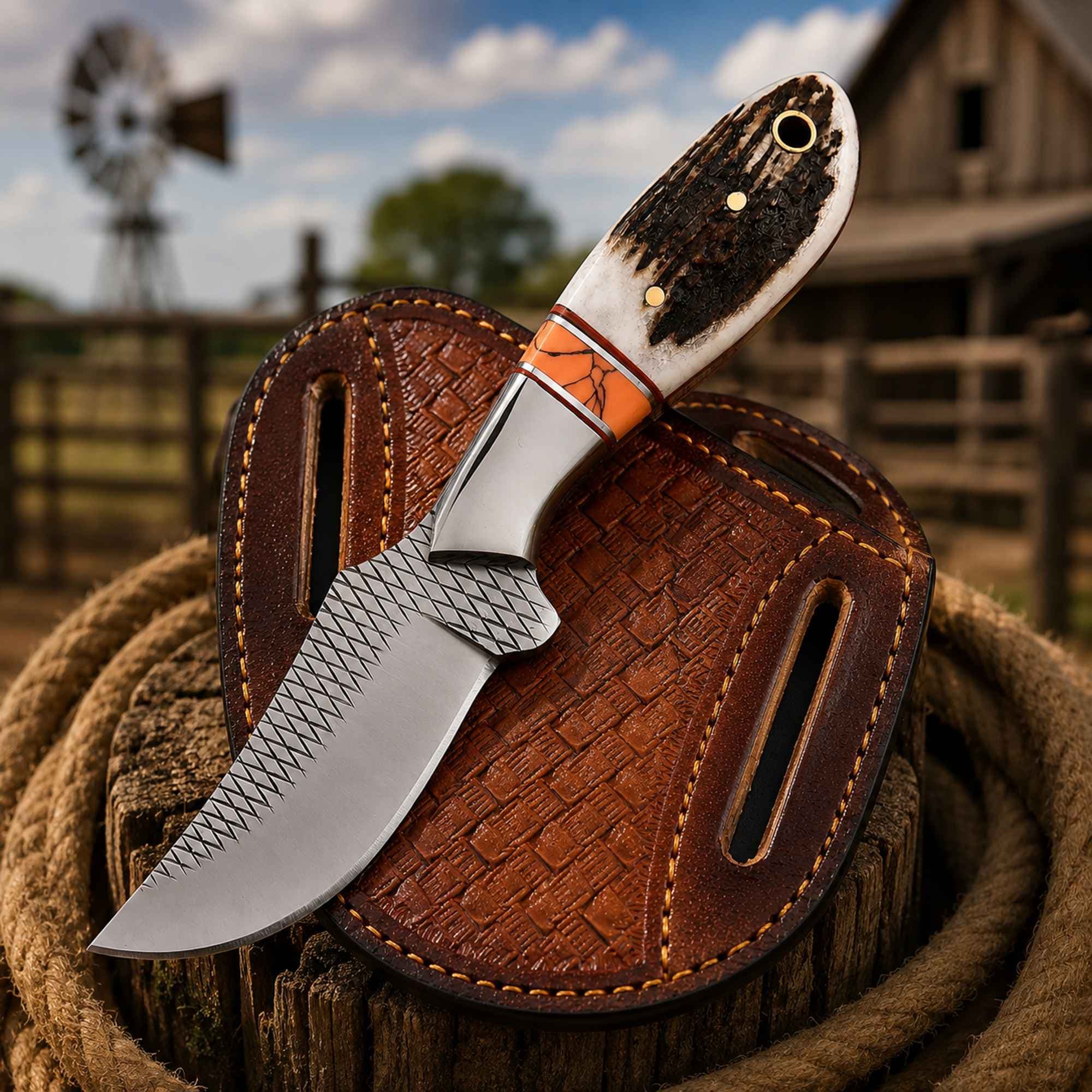 Western Belt Knife D2 Rasp Steel Stag Horn Handle