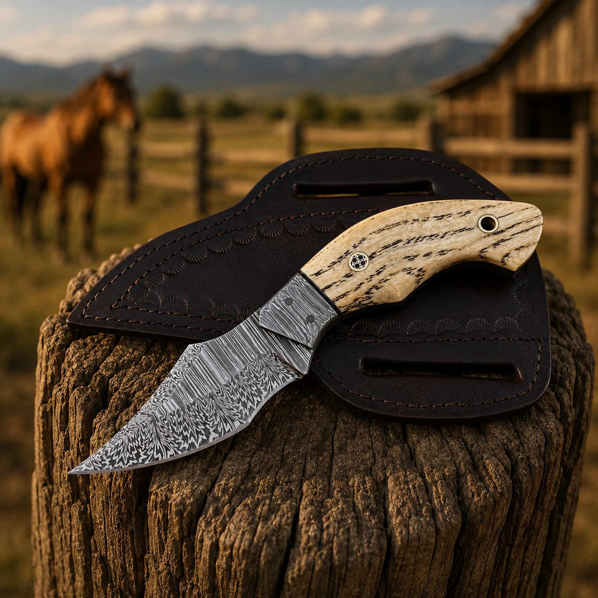 Damascus EDC Cowboy Knife Ashwood Handle