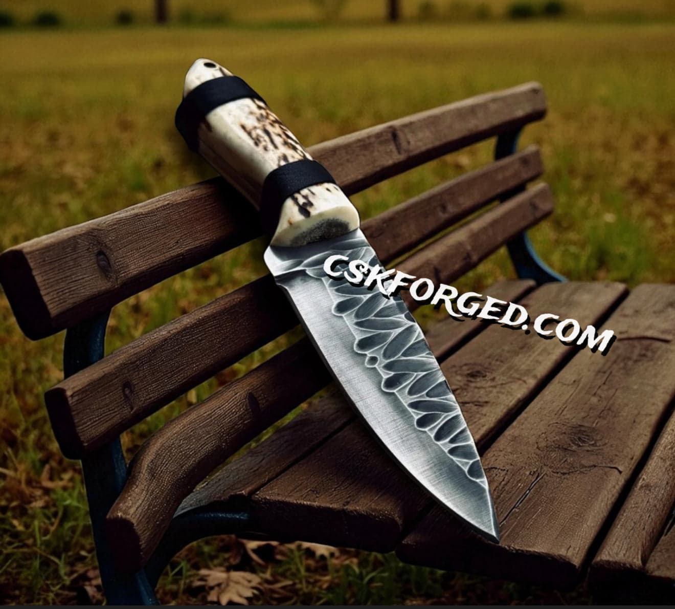 Handmade High Carbon Steel Hunting Knife | Antler Handle & Stone Textured Blade