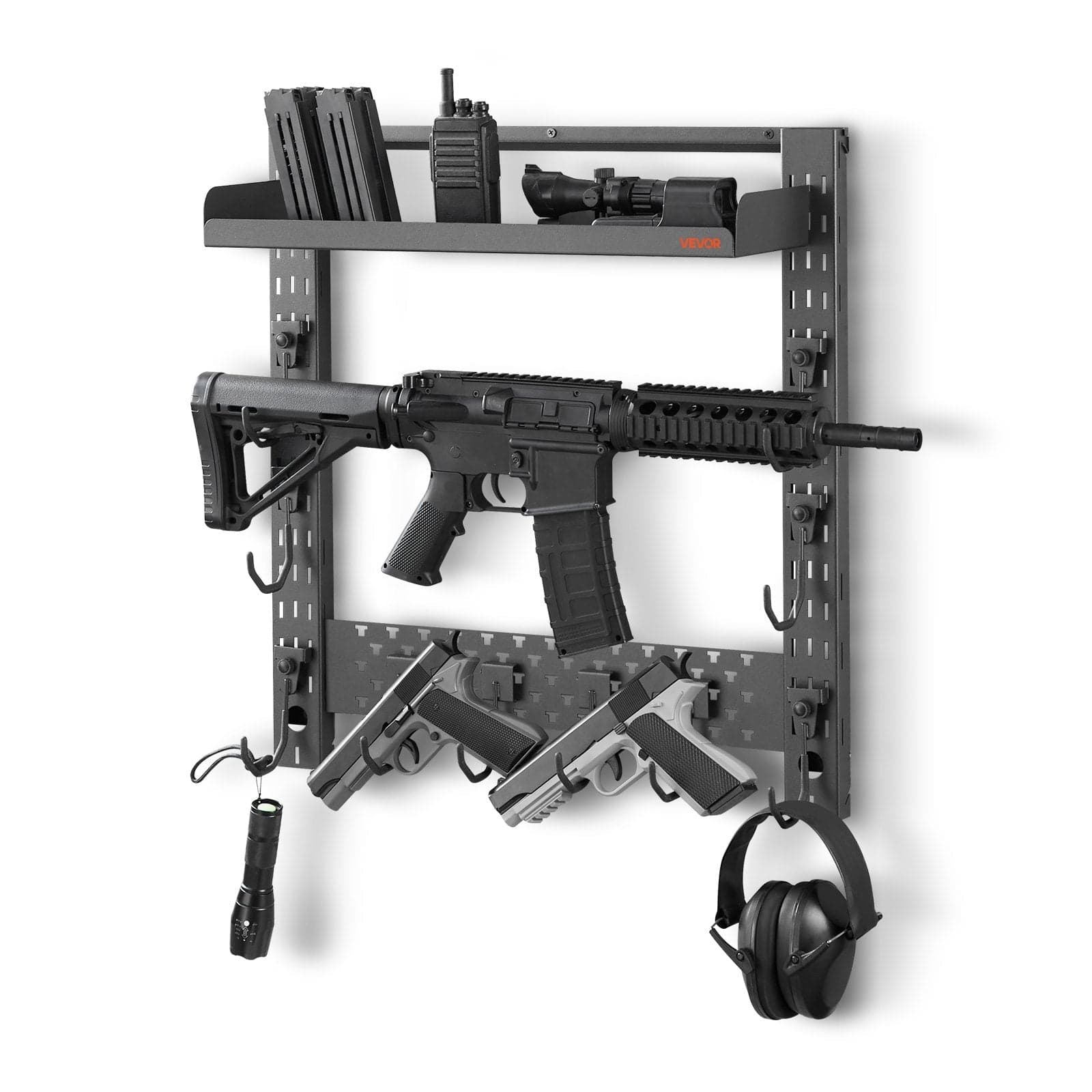 Gun Rack Wall Mount, Heavy Duty Steel, Indoor Rifle Shotgun Rack with J-Hooks, Additional Tray Storage, Gun Accessories Display Storage Holder, Hold Up to 3 Rifles or Shotguns, for Tactical Gear