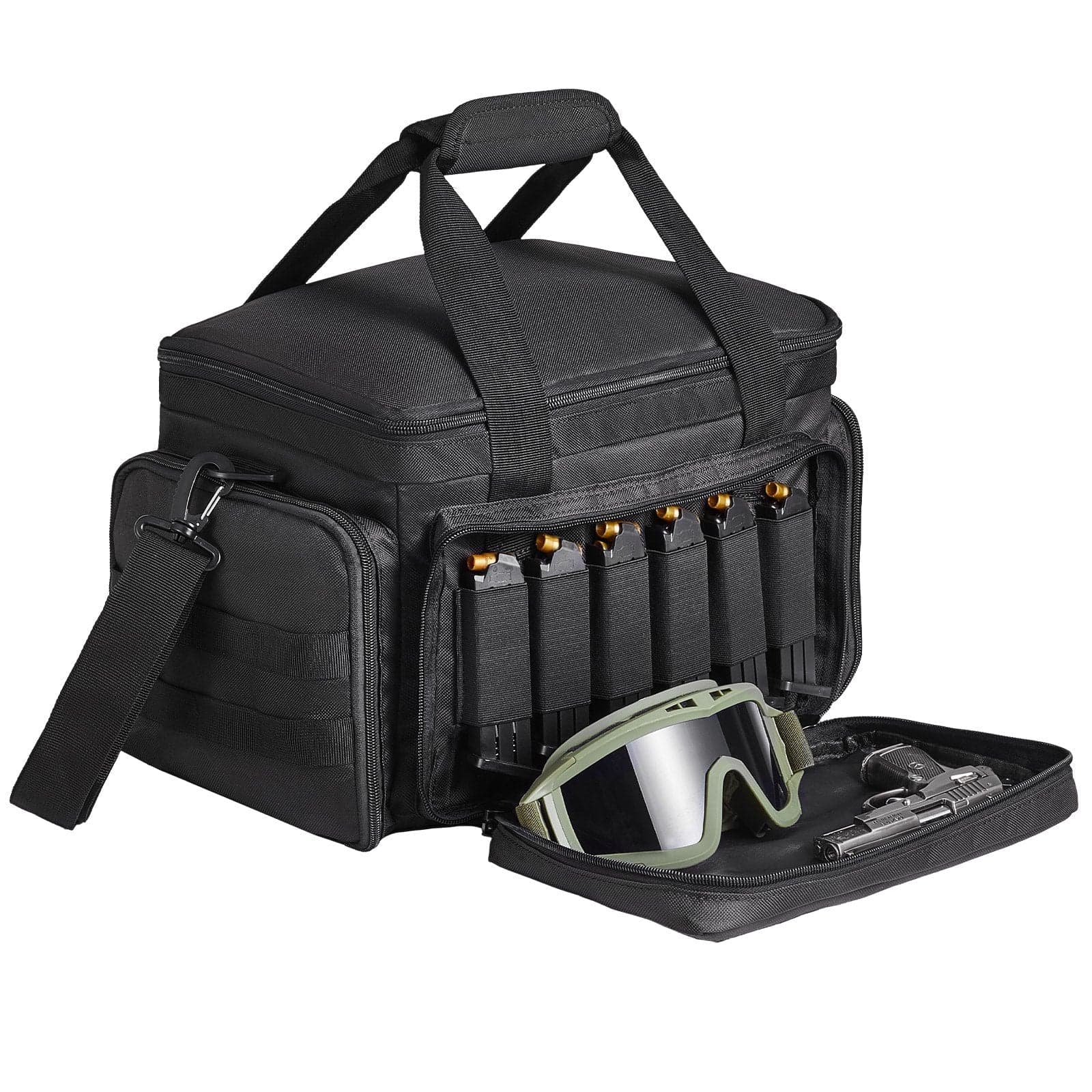 Range Bag for 4 Pistols, Tactical Gun Range Bag with 3 Detachable Baffles & 6 Magazines, Firearm Shooting Handgun Bag for Outdoor Hunting Shooting Pistol Bag with Single Shoulder Strip
