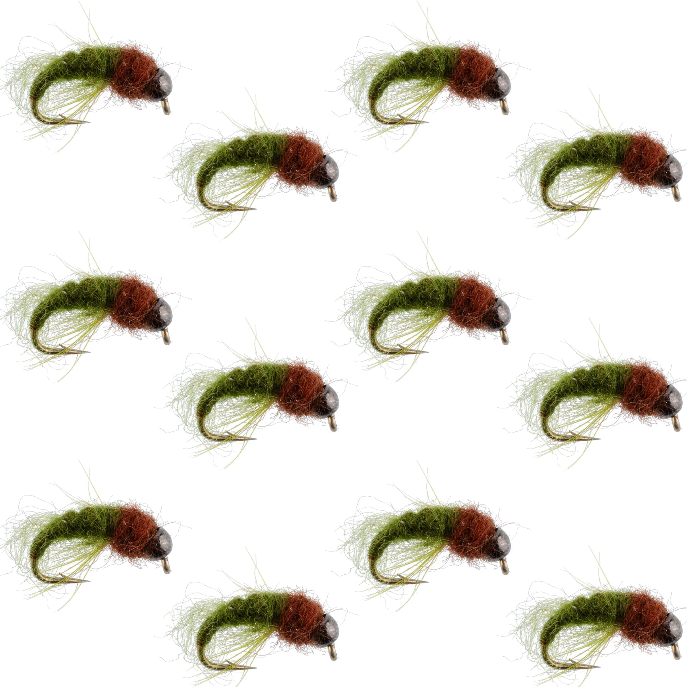 Bead Head Olive Brown Caddis Larva Nymph 12 Flies - Hook Size 16
