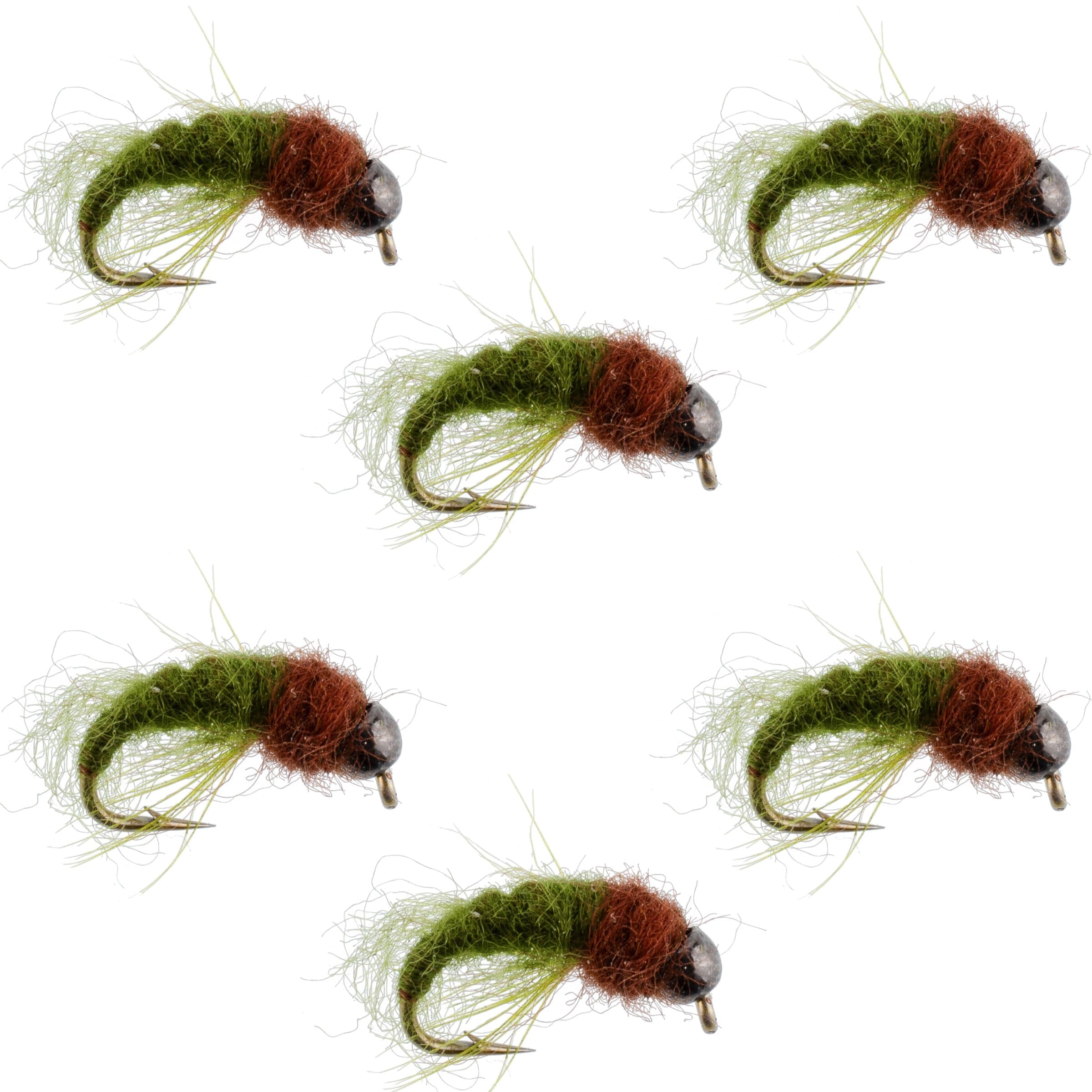 Bead Head Olive Brown Caddis Larva Nymph 6 Flies - Hook Size 12